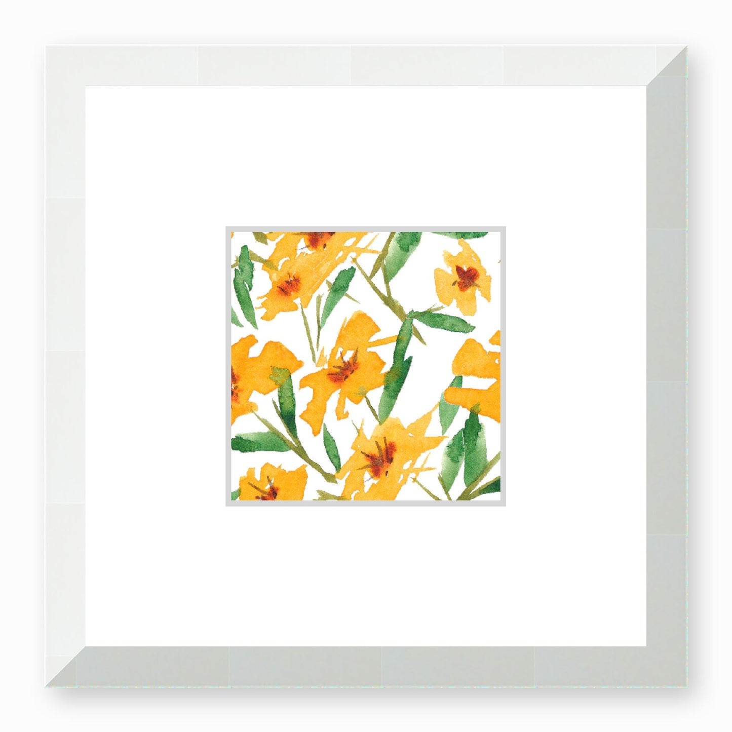 Framed Fine Art Print, Faux Mat - 12x12 inches | Yellow-Orange Floral Watercolour, fms-1310-003, Prints, Fine art, White Frame,12 x 12 inches