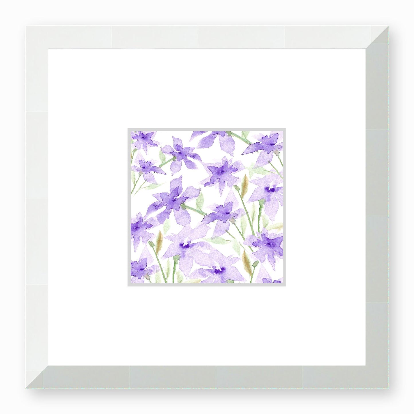 Framed Fine Art Print, Faux Mat - 12x12 inches | Purple Floral Watercolour, fms-1320-001, Prints, Fine art, White Frame,12 x 12 inches