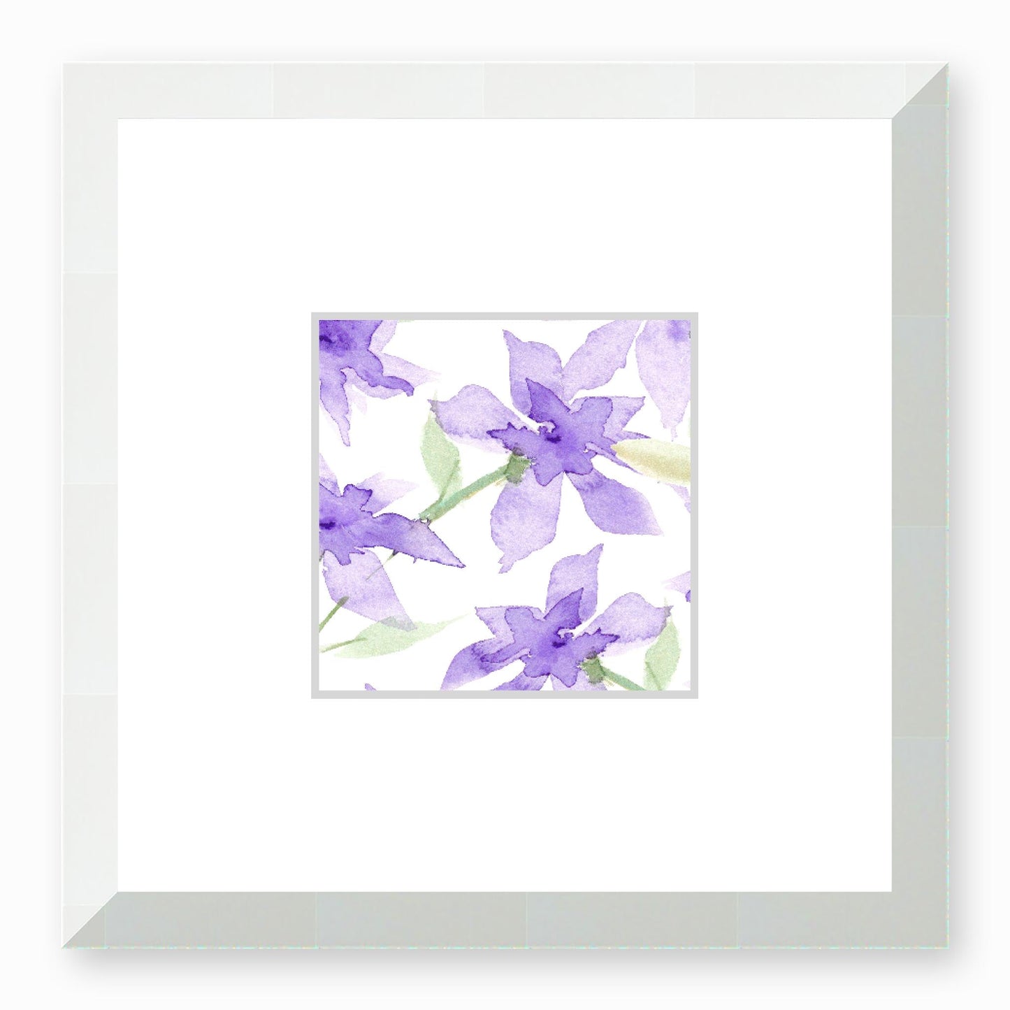 Framed Fine Art Print, Faux Mat - 12x12 inches | Purple Floral Watercolour, fms-1320-003, Prints, Fine art, White Frame,12 x 12 inches