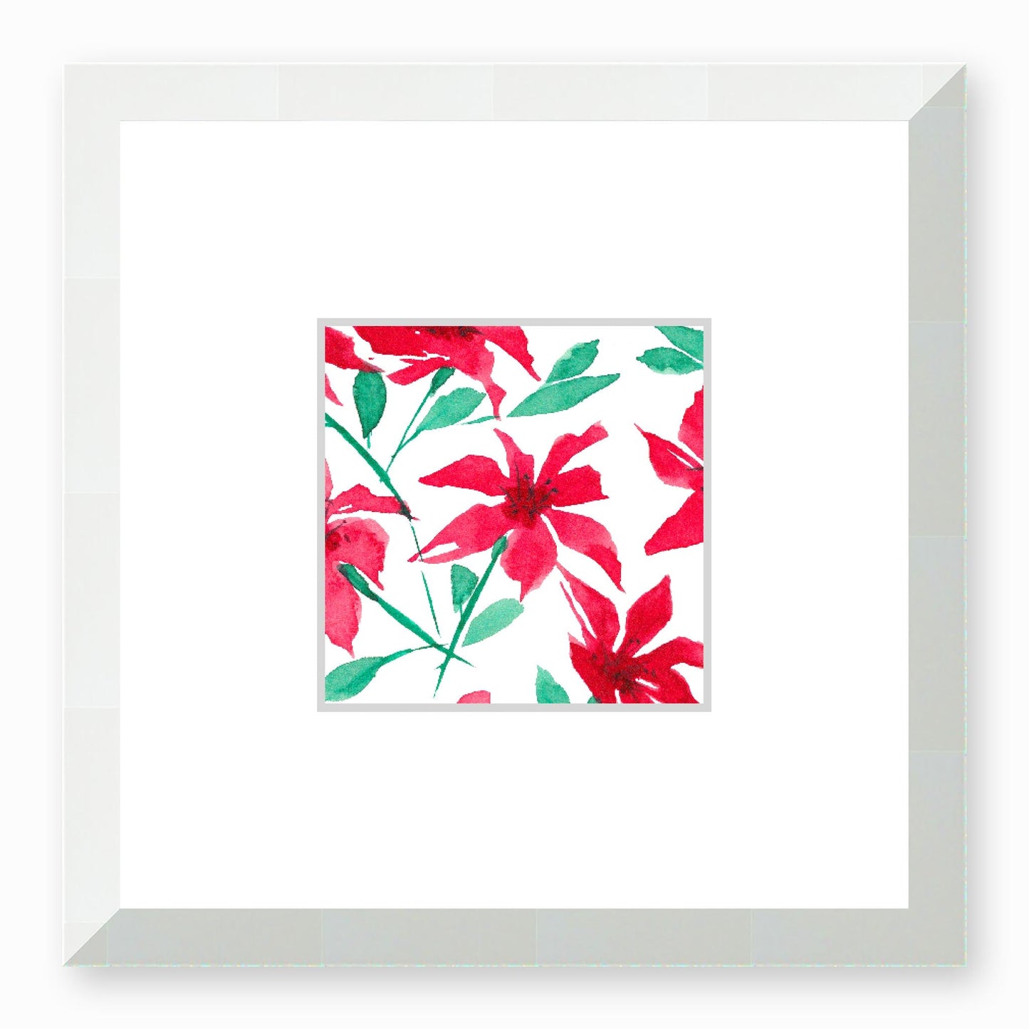 Framed Fine Art Print, Faux Mat - 12x12 inches | Red Floral Watercolour, fms-1330-002, Prints, Fine art, White Frame,12 x 12 inches