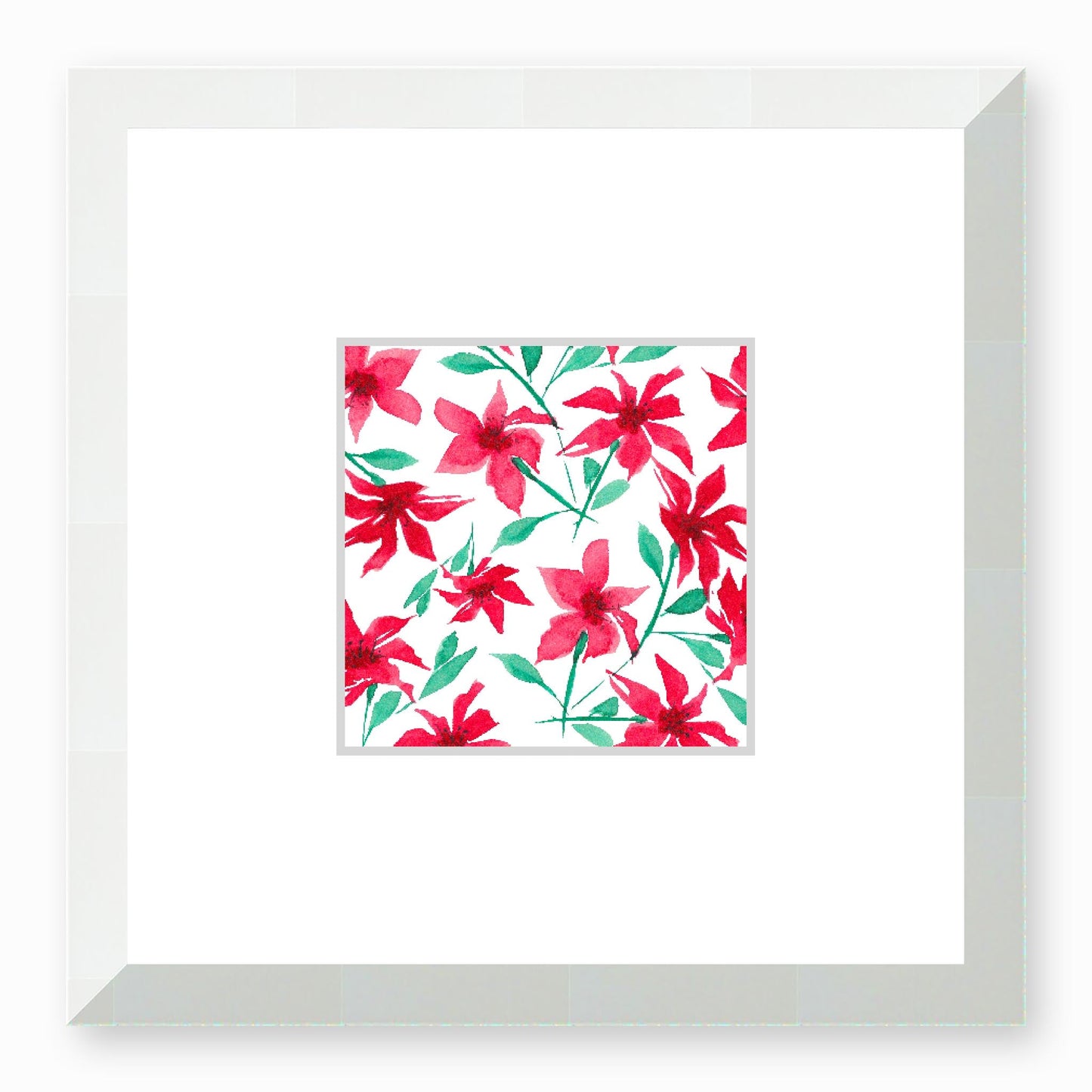Framed Fine Art Print, Faux Mat - 12x12 inches | Red Floral Watercolour, fms-1330-004, Prints, Fine art, White Frame,12 x 12 inches