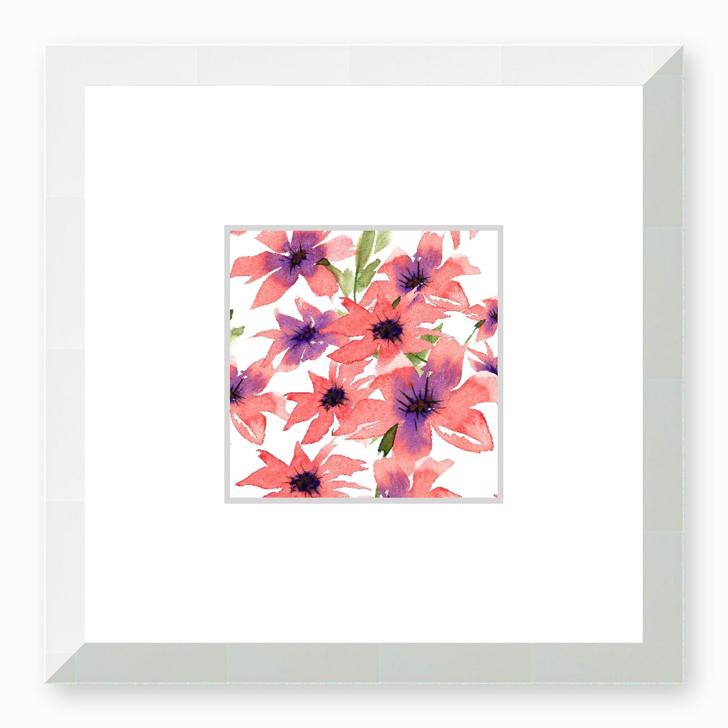 Framed Fine Art Print, Faux Mat - 12x12 inches | Pink Floral Watercolour, fms-1340-001, Prints, Fine art, White Frame,12 x 12 inches