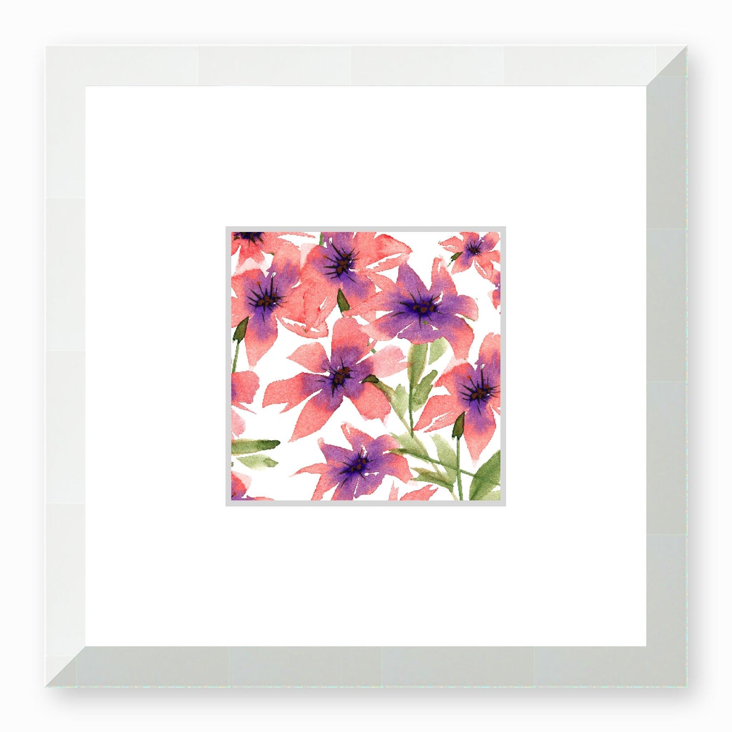 Framed Fine Art Print, Faux Mat - 12x12 inches | Pink Floral Watercolour, fms-1340-002, Prints, Fine art, White Frame,12 x 12 inches