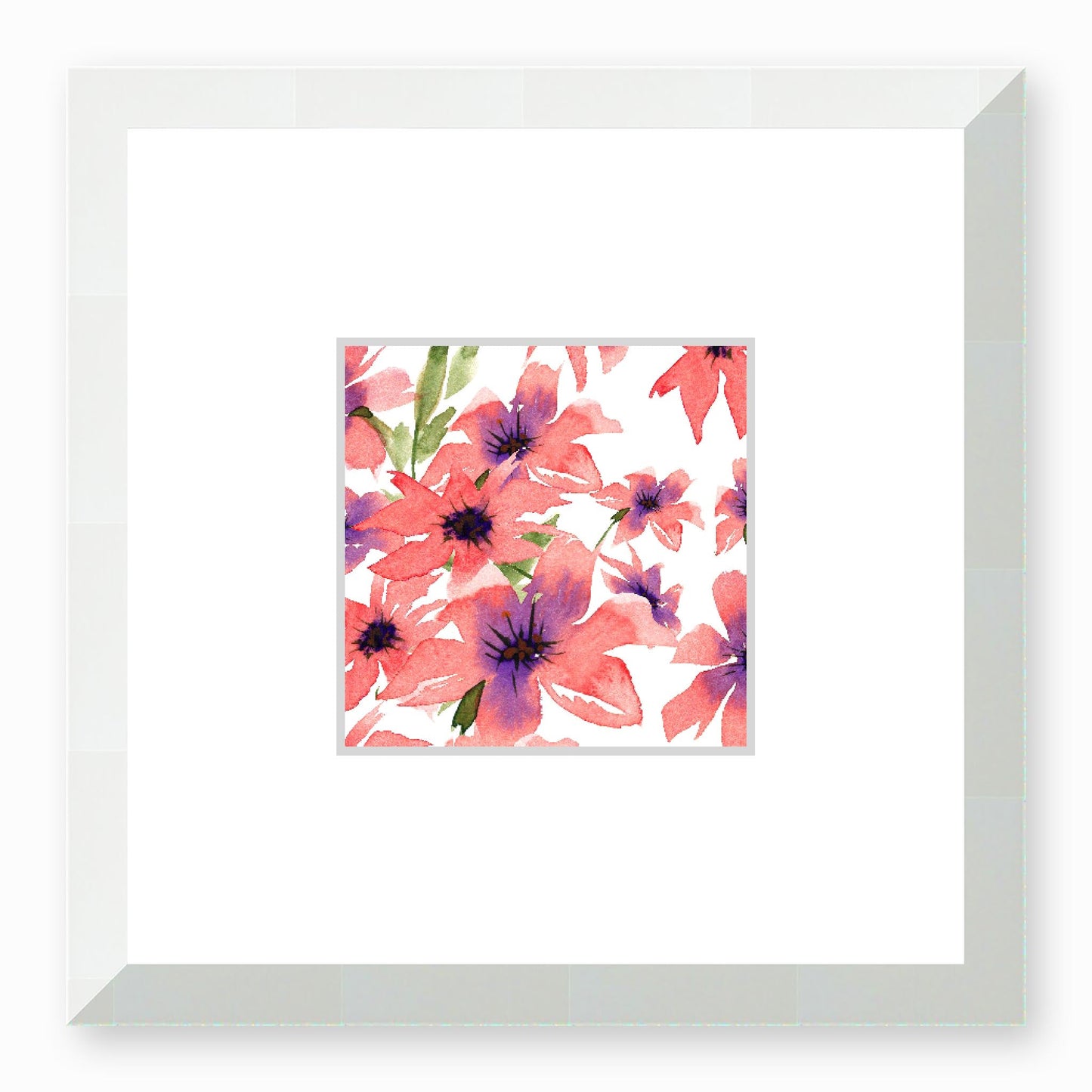 Framed Fine Art Print, Faux Mat - 12x12 inches | Pink Floral Watercolour, fms-1340-003, Prints, Fine art, White Frame,12 x 12 inches