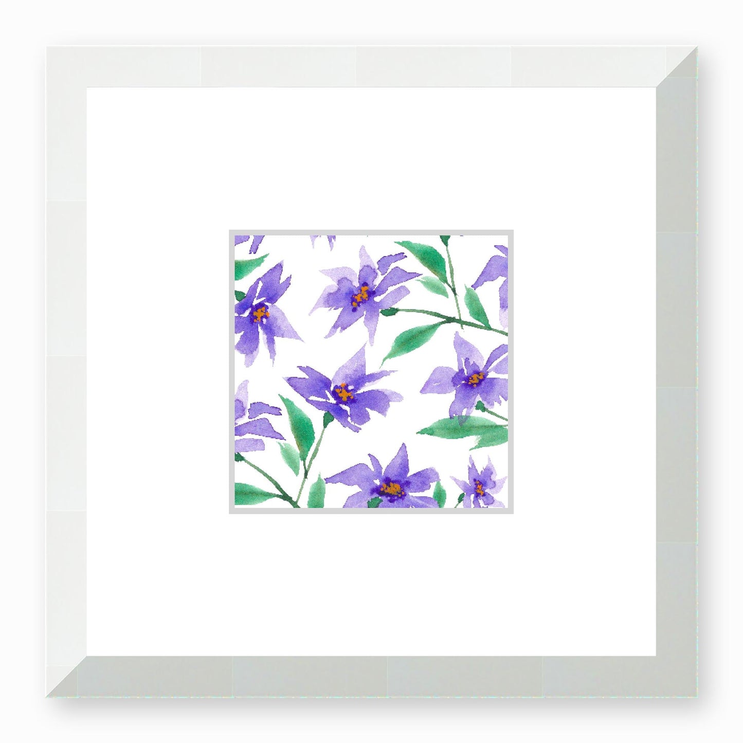 Framed Fine Art Print, Faux Mat - 12x12 inches | Purple Floral Watercolour, fms-1350-001, Prints, Fine art, White Frame,12 x 12 inches