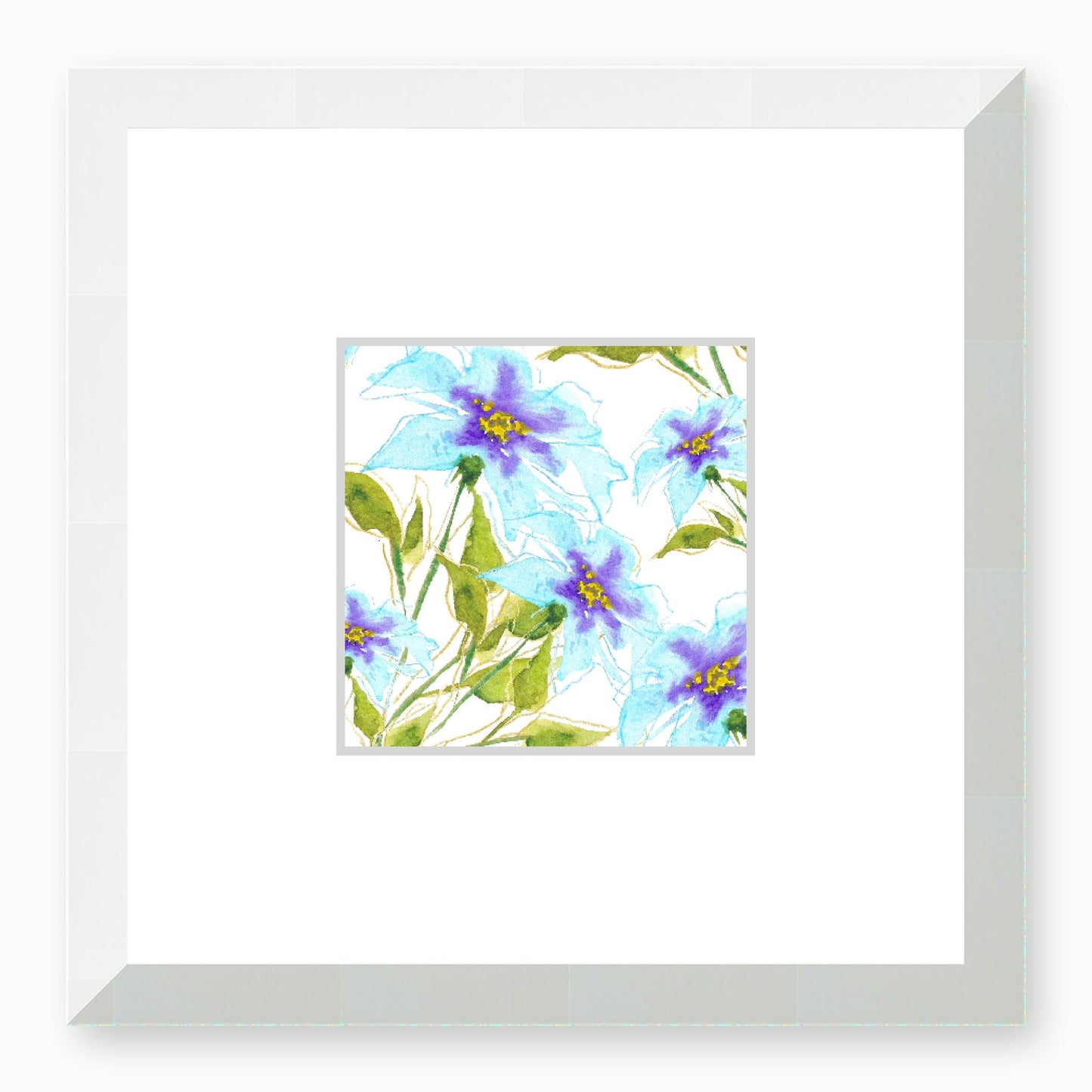 Framed Fine Art Print, Faux Mat - 12x12 inches | Blue Floral Watercolour, fms-1370-001, Prints, Fine art, White Frame,12 x 12 inches