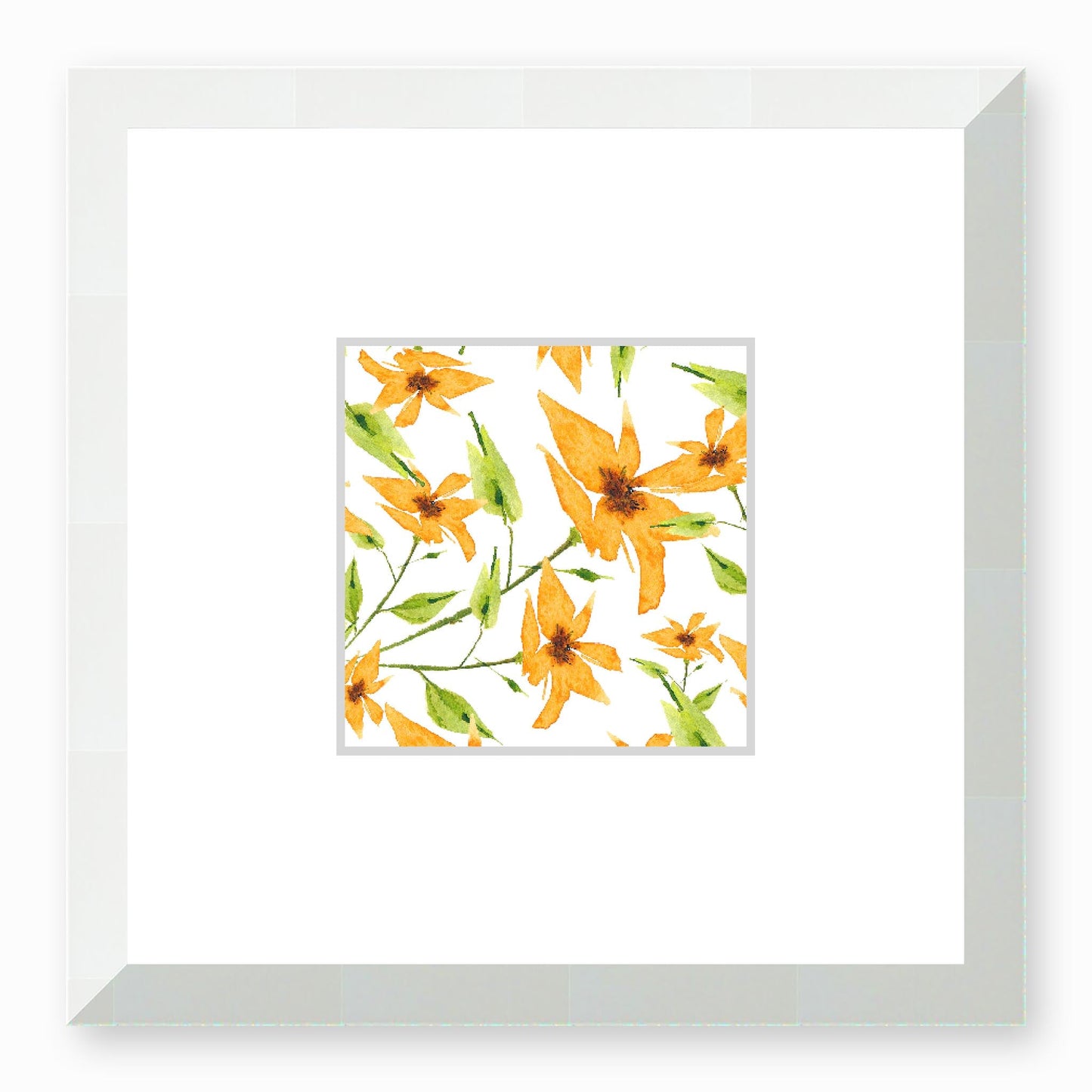 Framed Fine Art Print, Faux Mat - 12x12 inches | Yellow-Orange Floral Watercolour, fms-1390-001, Prints, Fine art, White Frame,12 x 12 inches