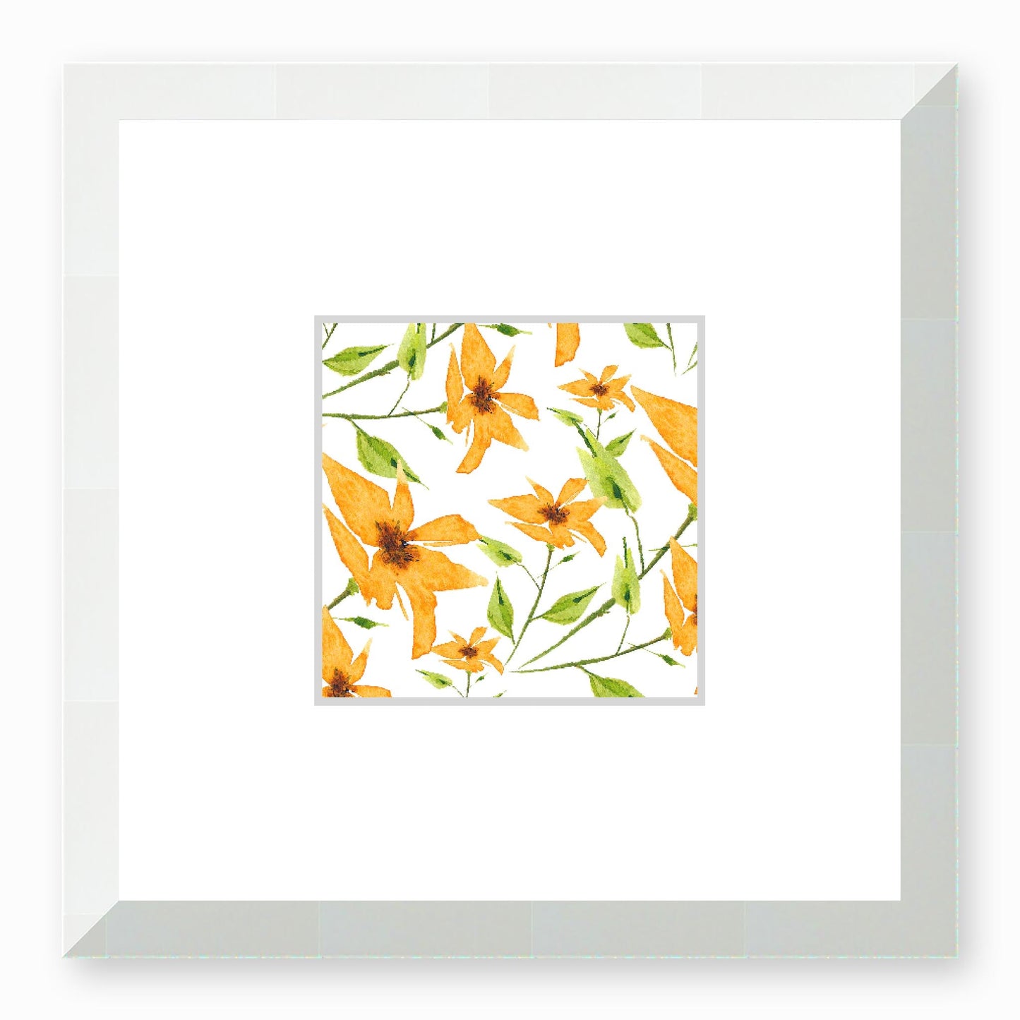 Framed Fine Art Print, Faux Mat - 12x12 inches | Yellow-Orange Floral Watercolour, fms-1390-002, Prints, Fine art, White Frame,12 x 12 inches