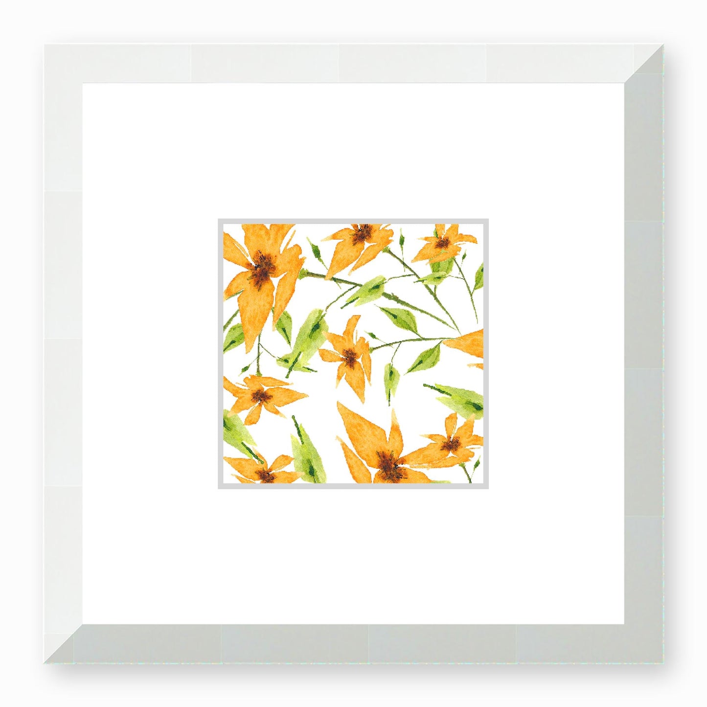 Framed Fine Art Print, Faux Mat - 12x12 inches | Yellow-Orange Floral Watercolour, fms-1390-003, Prints, Fine art, White Frame,12 x 12 inches
