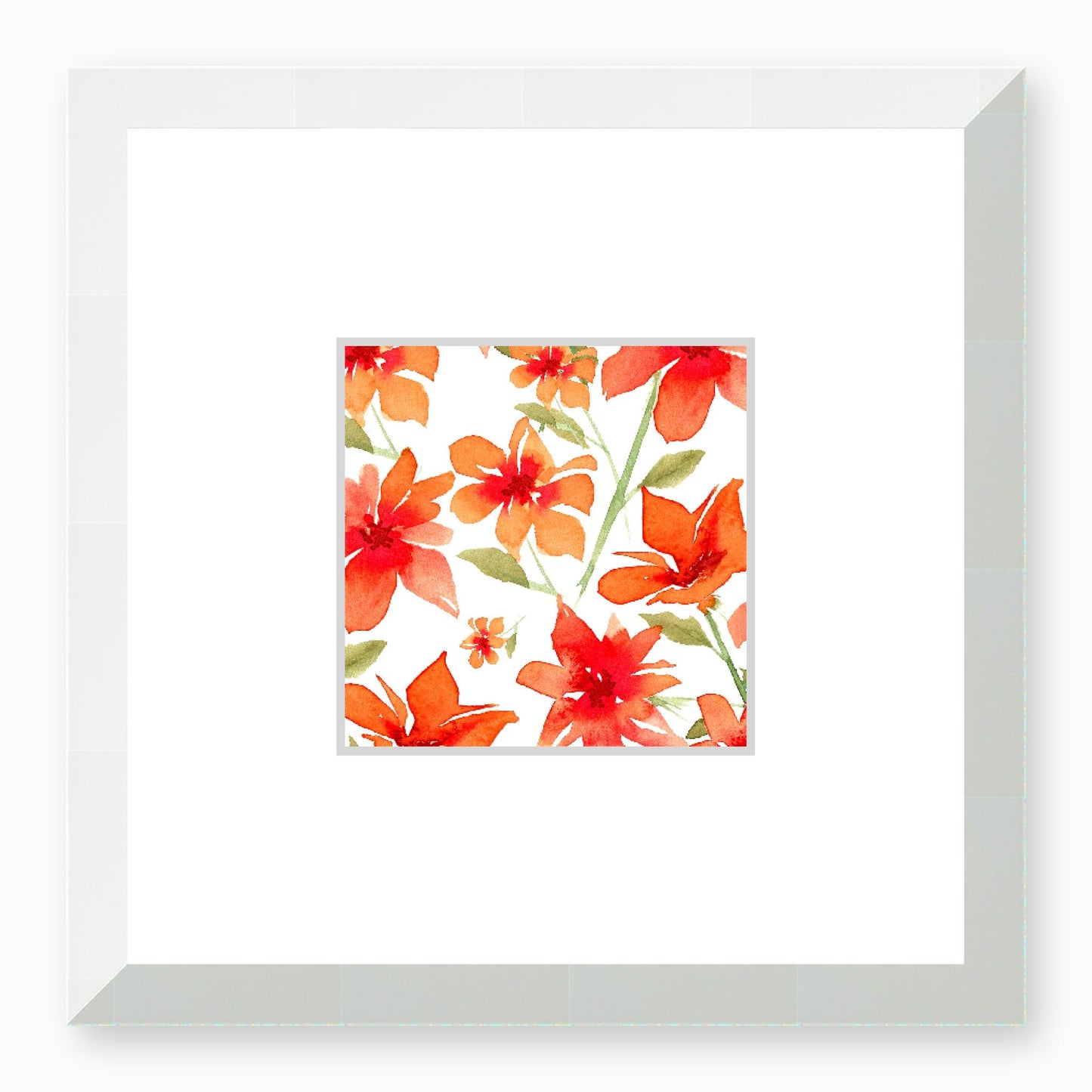Framed Fine Art Print, Faux Mat - 12x12 inches | Red Floral Watercolour, fms-1410-001, Prints, Fine art, White Frame,12 x 12 inches