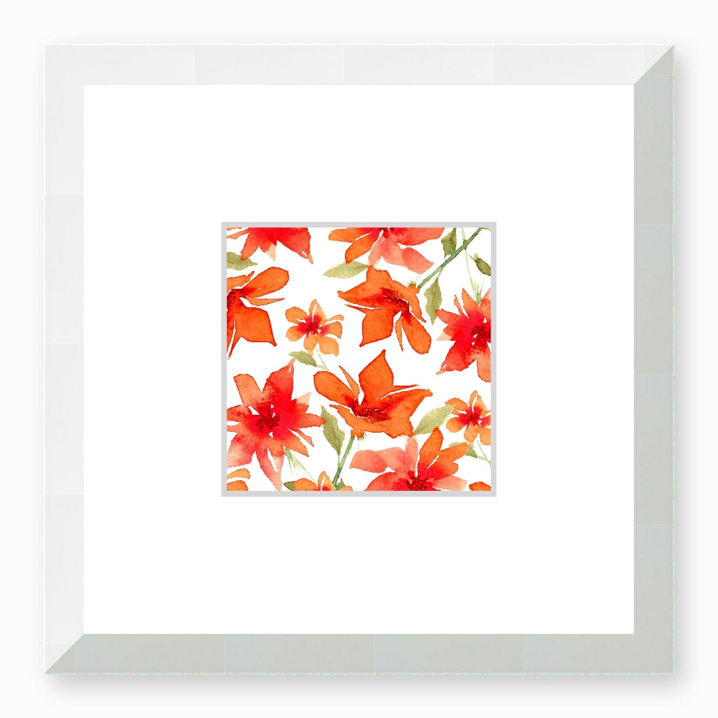 Framed Fine Art Print, Faux Mat - 12x12 inches | Red Floral Watercolour, fms-1410-002, Prints, Fine art, White Frame,12 x 12 inches