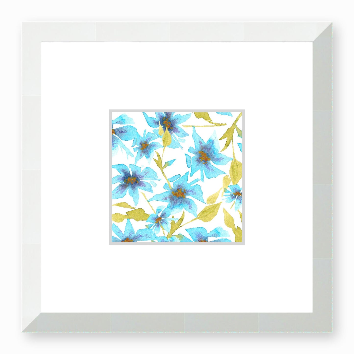 Framed Fine Art Print, Faux Mat - 12x12 inches | Blue Floral Watercolour, fms-1430-001, Prints, Fine art, White Frame,12 x 12 inches