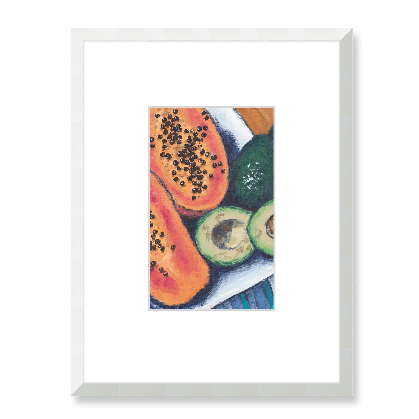 Framed Fine Art Print, Faux Mat - 18x24 inches | Papaya & Avocados in Acrylic, FMV-1000-1105-002, Prints, Fine art, White Frame, 45 x 60 cm ,18 x 24 inches