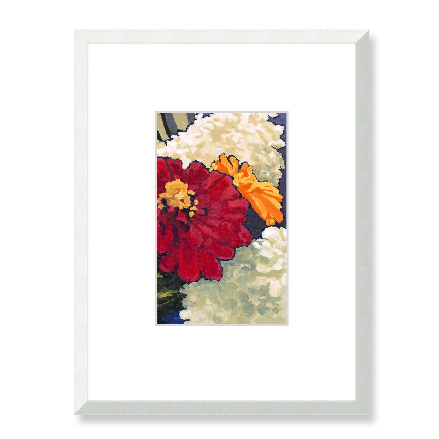 Framed Fine Art Print, Faux Mat - 18x24 inches | Hydrangeas & Zinnias in Acrylic, FMV-1030-002, Prints, Fine art, White Frame, 45 x 60 cm ,18 x 24 inches