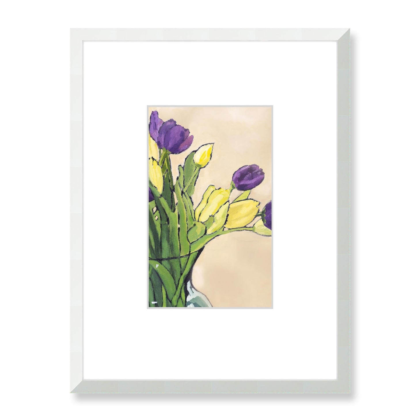 Framed Fine Art Print, Faux Mat - 18x24 inches | Purple & Yellow Tulips in Acrylic, FMV-1060, Prints, Fine art, White Frame, 45 x 60 cm ,18 x 24 inches