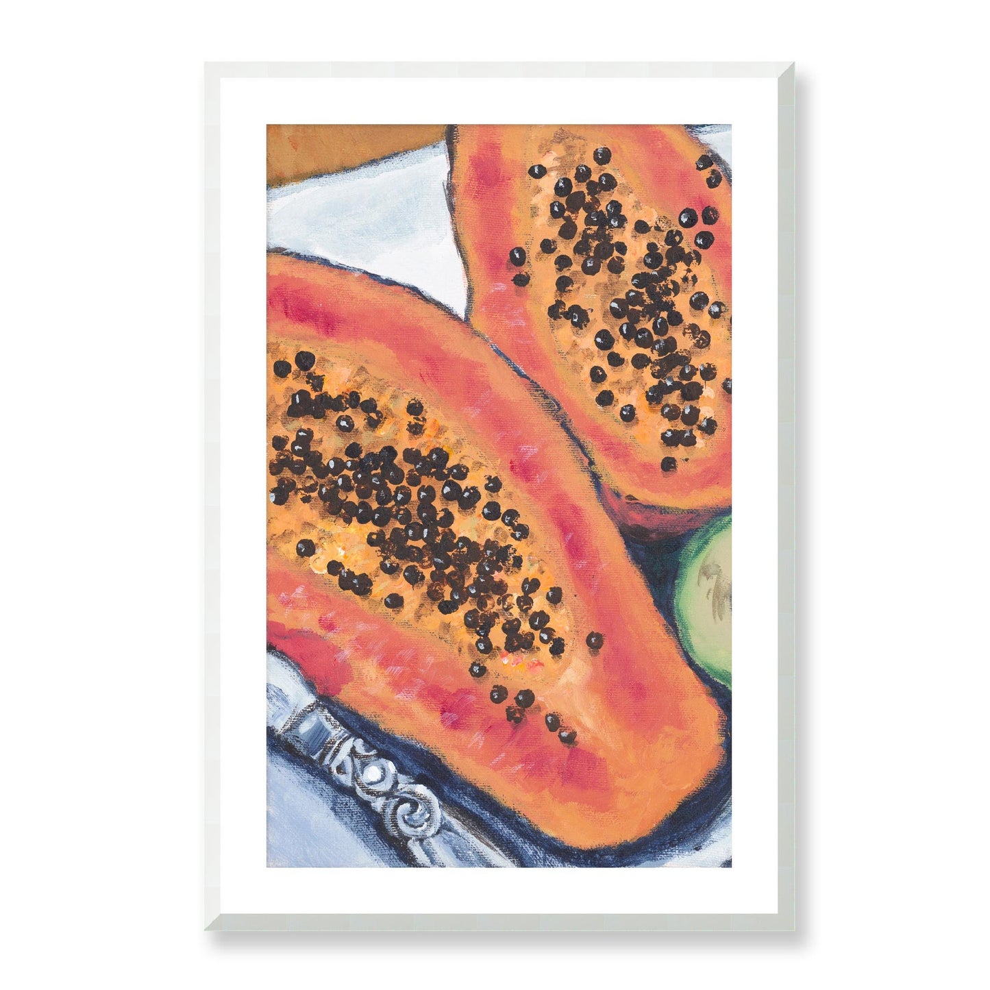 Framed Fine Art Print, White Mat - 11x14 16x20 20x28 | Papaya & Avocados in Acrylic, fp2-1000-1105L, Prints, Fine art, White Frame, 61 x 91 cm ,24 x 36 inches