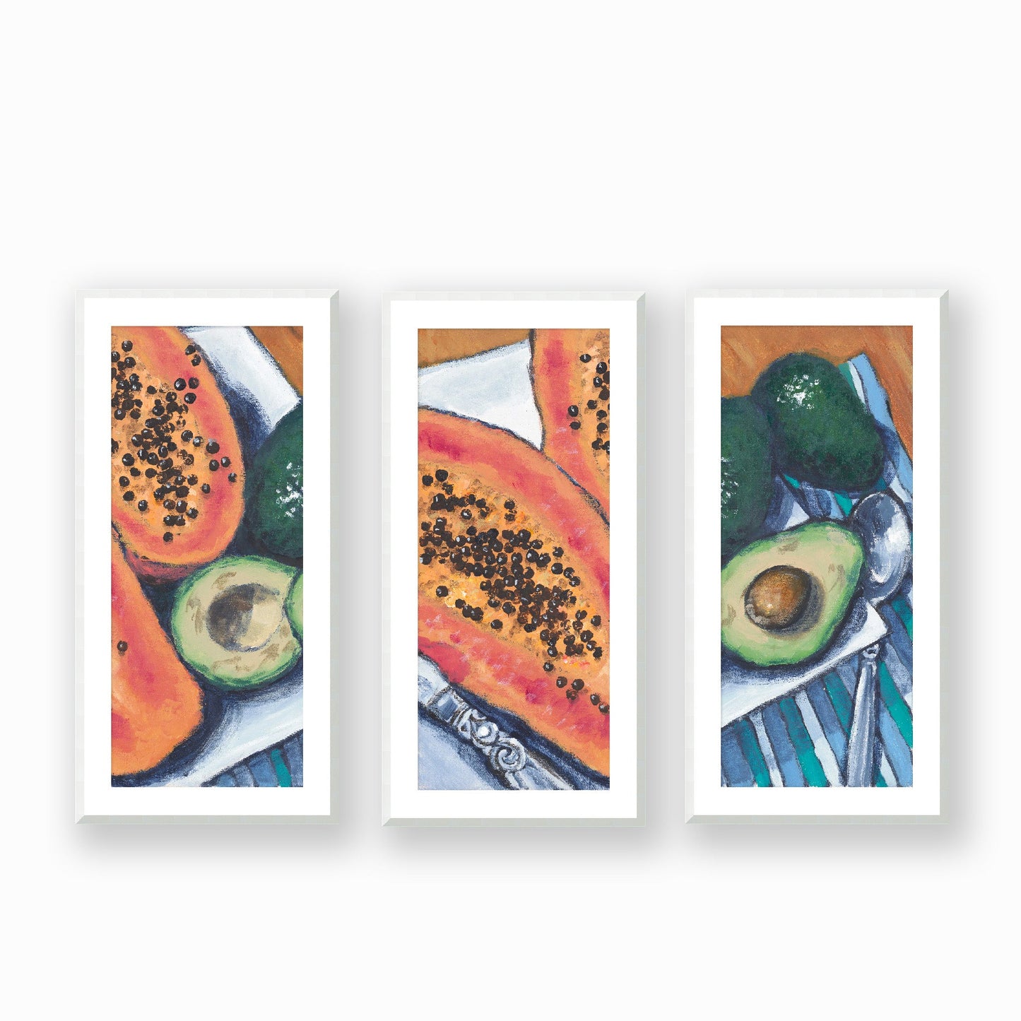 Framed Fine Art Print, White Mat - Three Panels of 14x28 16x33 19x40 inches | Papaya & Avocados in Acrylic, FPH3-1000-1105-LCR, Prints, Fine art, White Frame, Three panels of 48 x 102 cm ,19 x 40 inches