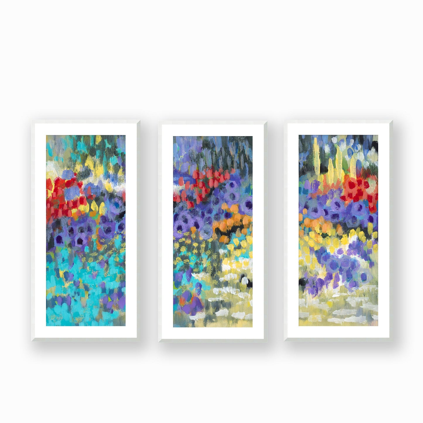 Framed Fine Art Print, White Mat - Three Panels of 14x28 16x33 19x40 inches | Floral Garden Two in Acrylic, FPH3-1000-1145-LCR, Prints, Fine art, White Frame, Three panels of 48 x 102 cm ,19 x 40 inches