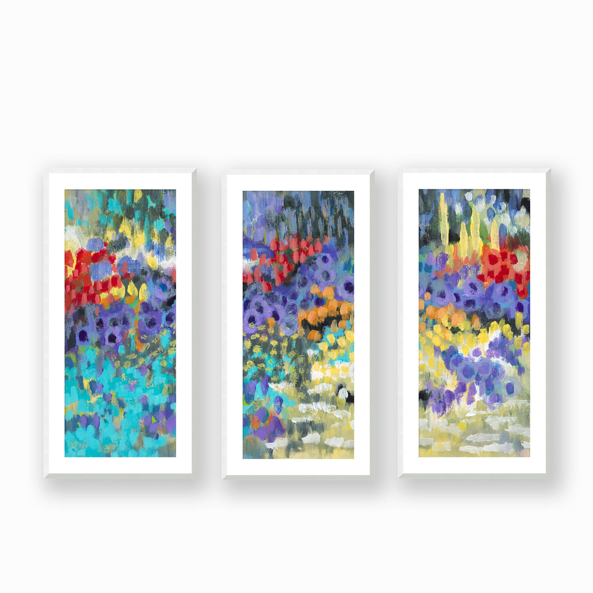 Wildflower Garden Framed Fine Art Prints | Set of 3 | 48 x 102 cm / 19 x 40 inches | White Frame (+1.75 inches)