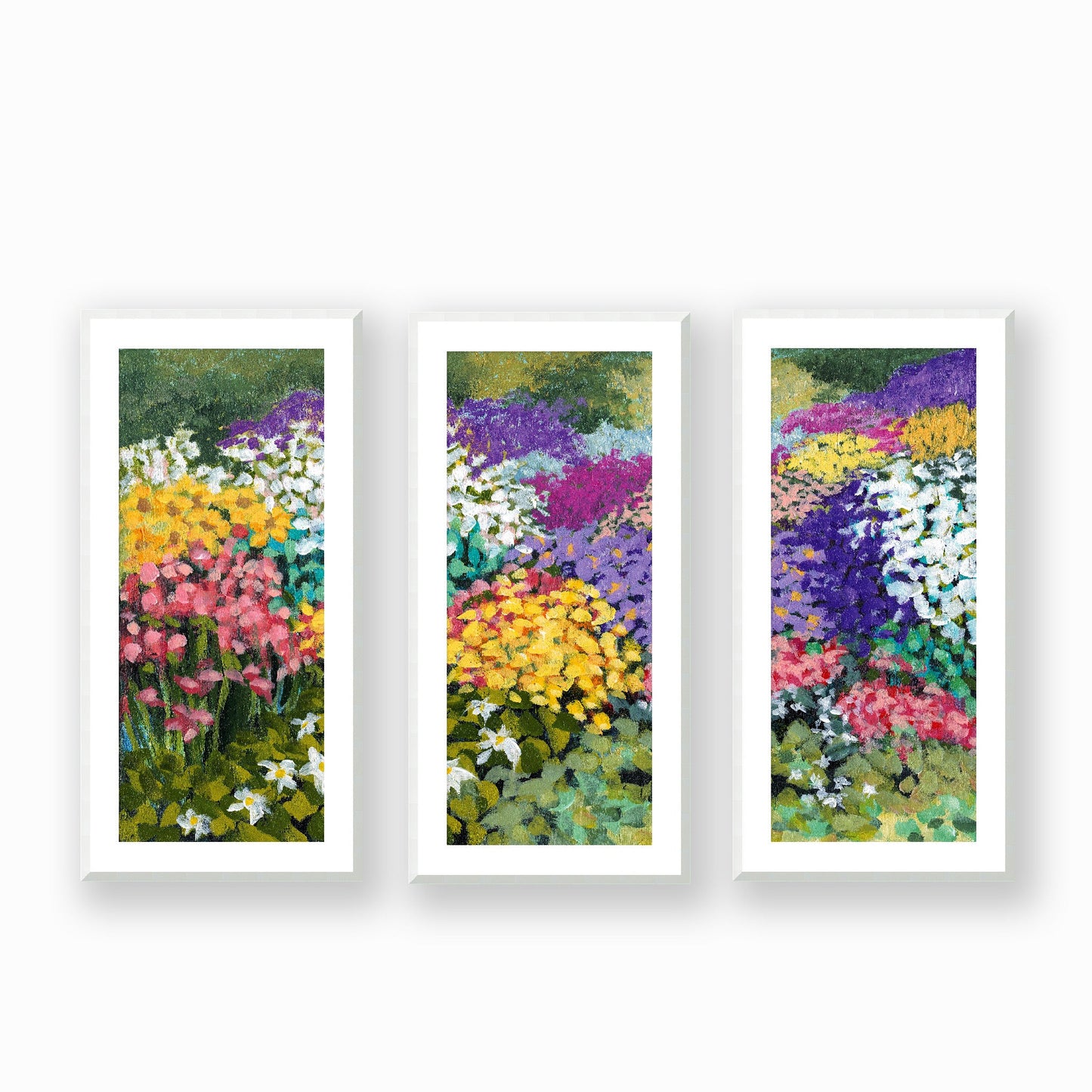 Framed Fine Art Print, White Mat - Three Panels of 14x28 16x33 19x40 inches | Floral Garden Three in Acrylic, FPH3-1000-1145-LCR, Prints, Fine art, White Frame, Three panels of 48 x 102 cm ,19 x 40 inches