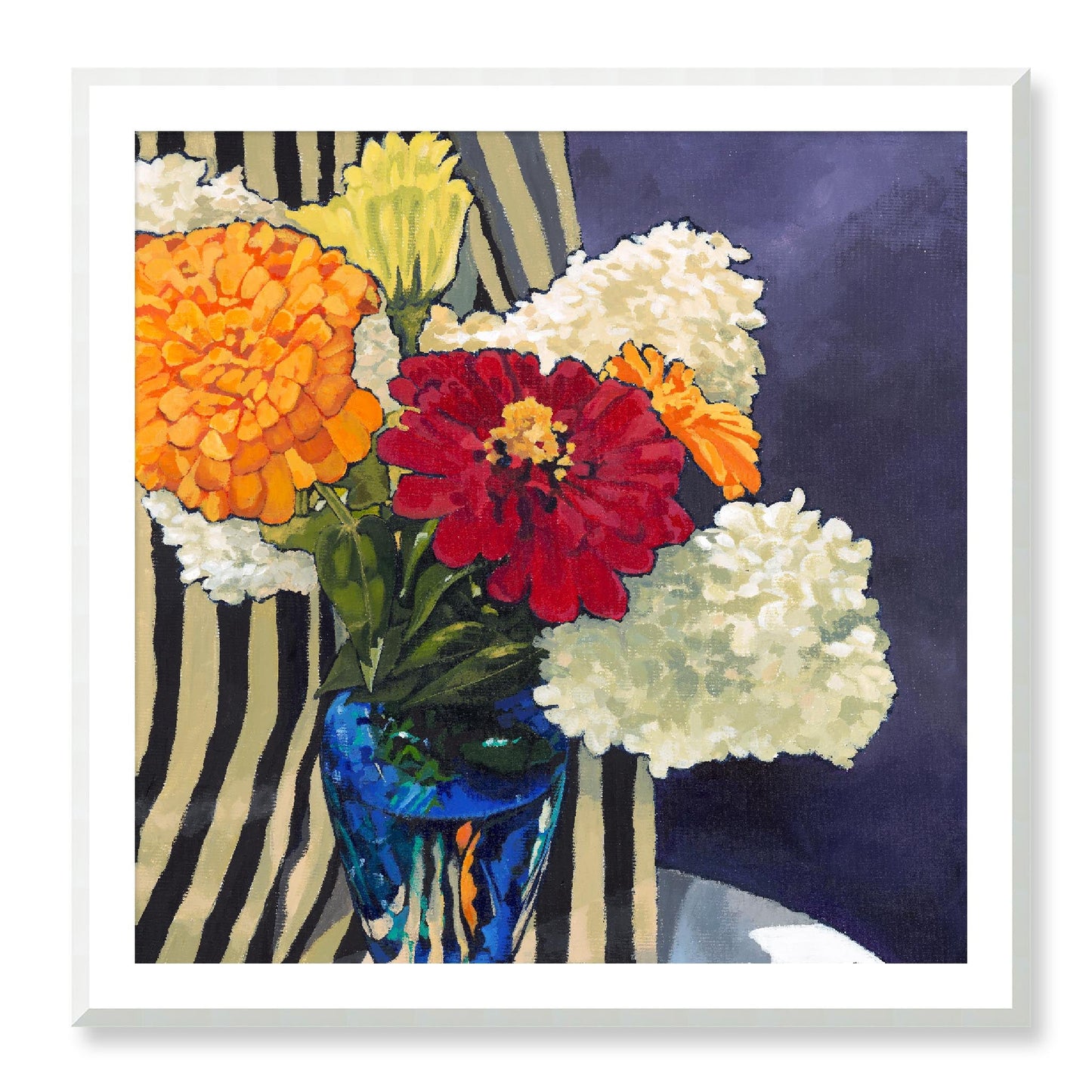 Framed Fine Art Print, White Mat - 12x12 16x16 20x20 24x24 28x28 32x32 36x36 40x40 inches | Hydrangeas & Zinnias in Acrylic, FPS-1030, Prints, Fine art, Natural Frame, 102 x 102 cm ,40 x 40 inches