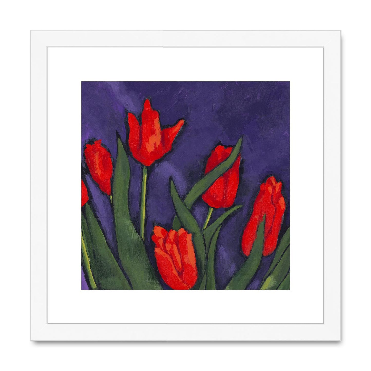 Framed Fine Art Print, White Mat,Red Tulips in Acrylic, FPS-1111, 12"x12", White Frame