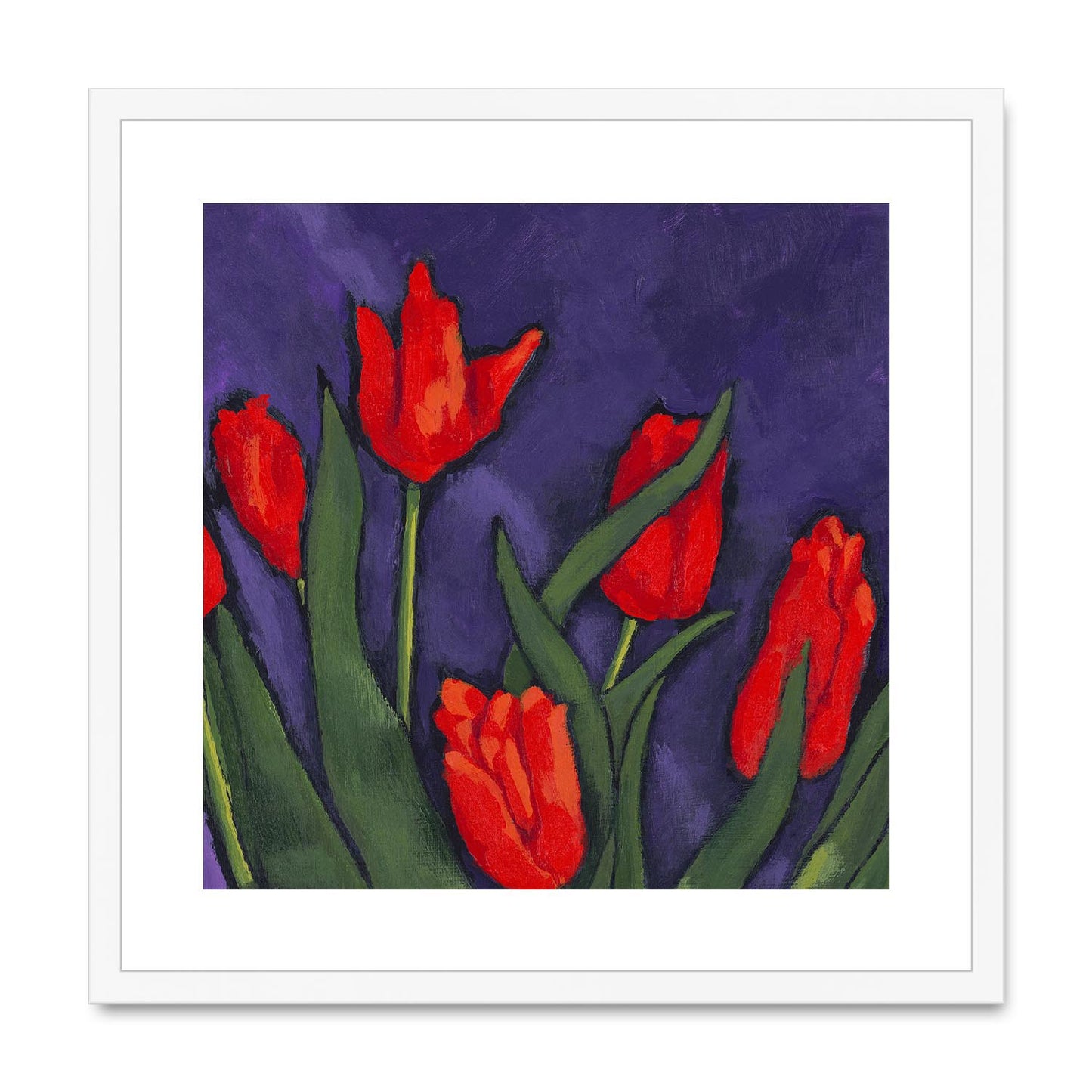 Framed Fine Art Print, White Mat,Red Tulips in Acrylic, FPS-1111, 20"x20", White Frame