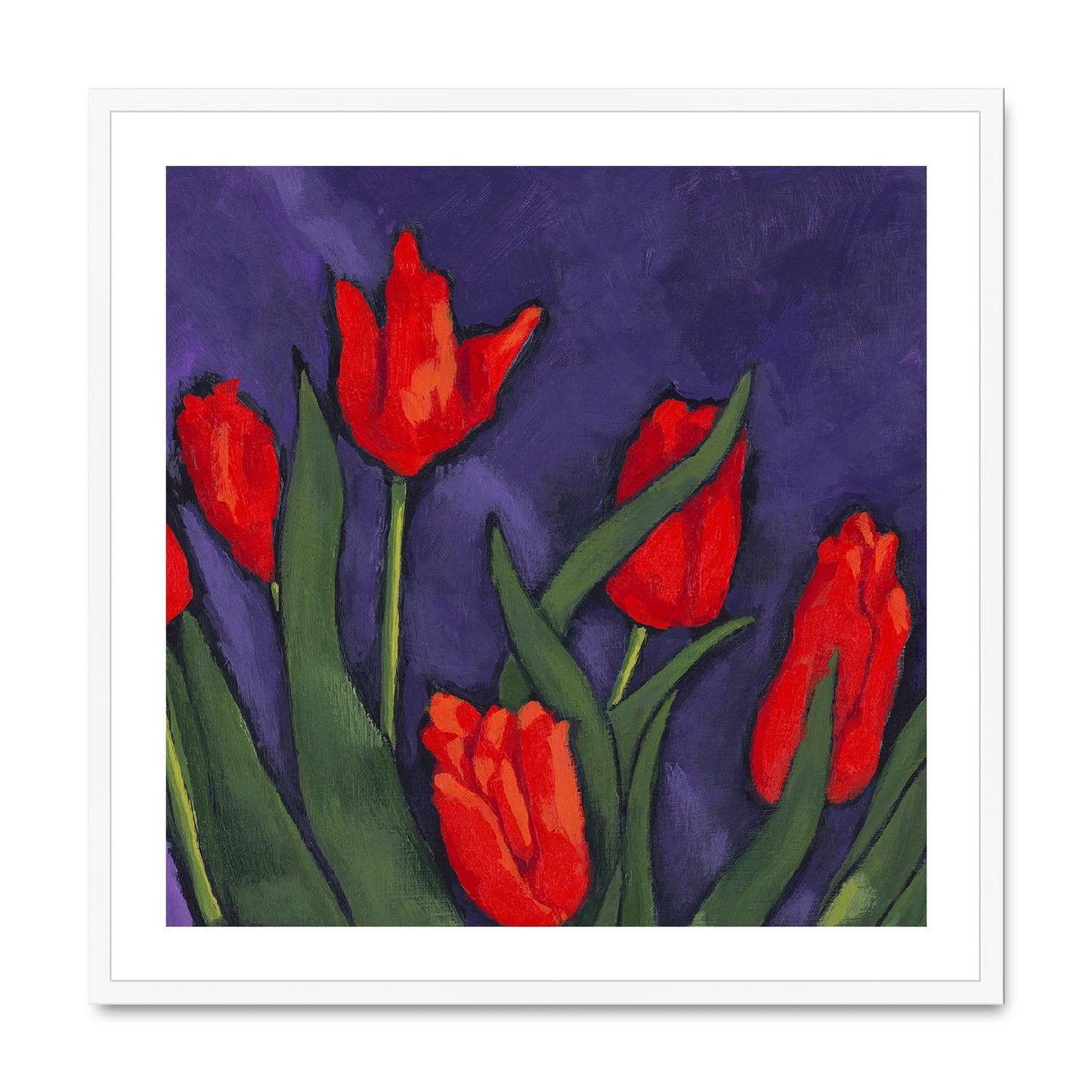 Framed Fine Art Print, White Mat,Red Tulips in Acrylic, FPS-1111, 28"x28", White Frame