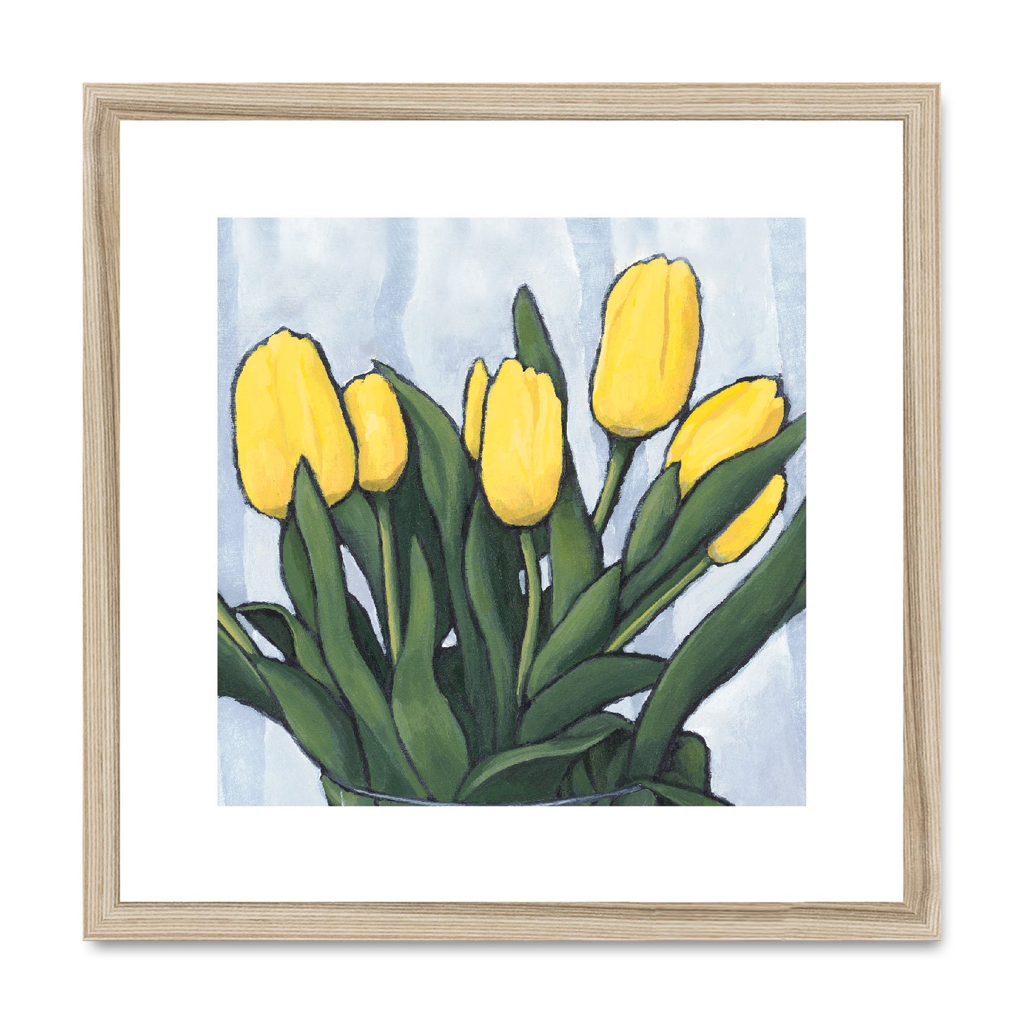 Framed Fine Art Print, White Mat,Yellow Tulips in Acrylic, FPS-1120, 16"x16", Natural Frame