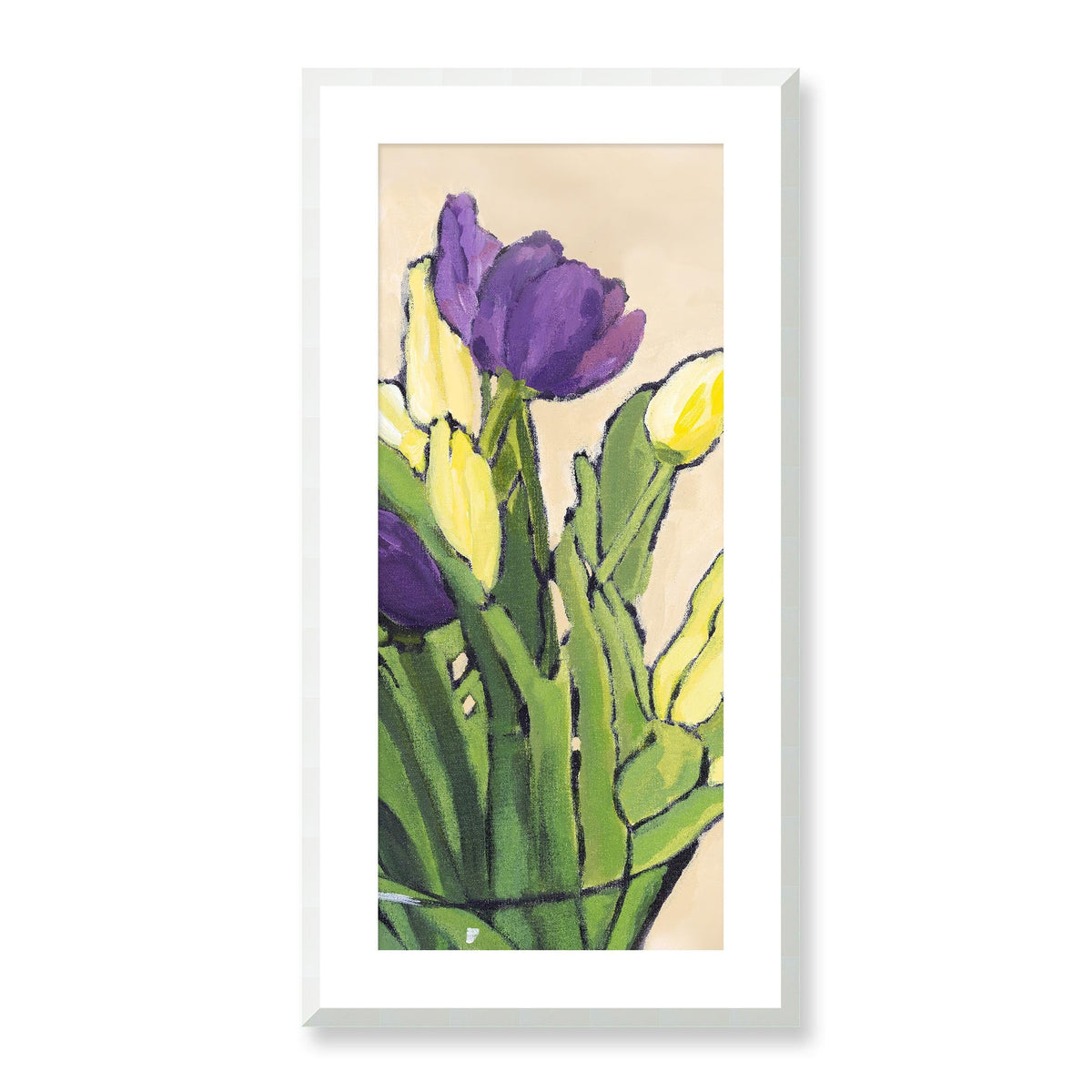 Purple & Yellow Tulips — Framed Fine Art Print | 16 x 32 inches | White Frame