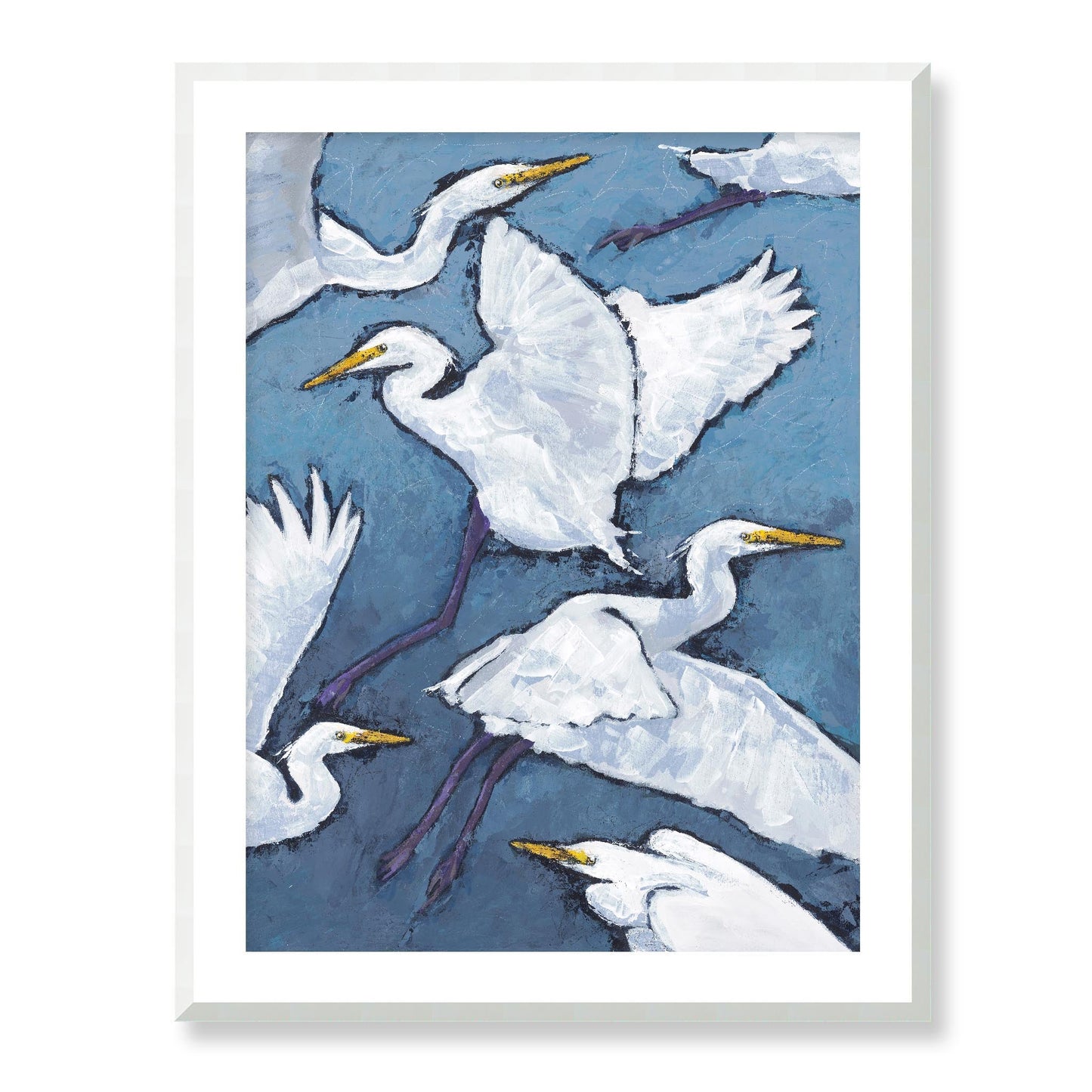 Framed Fine Art Print, White Mat - 13x16 16x20 22x28 28x36 inches | White Herons in Acrylic, FPV-1020, Prints, Fine art, White Frame, 71 x 91 cm ,28 x 36 inches