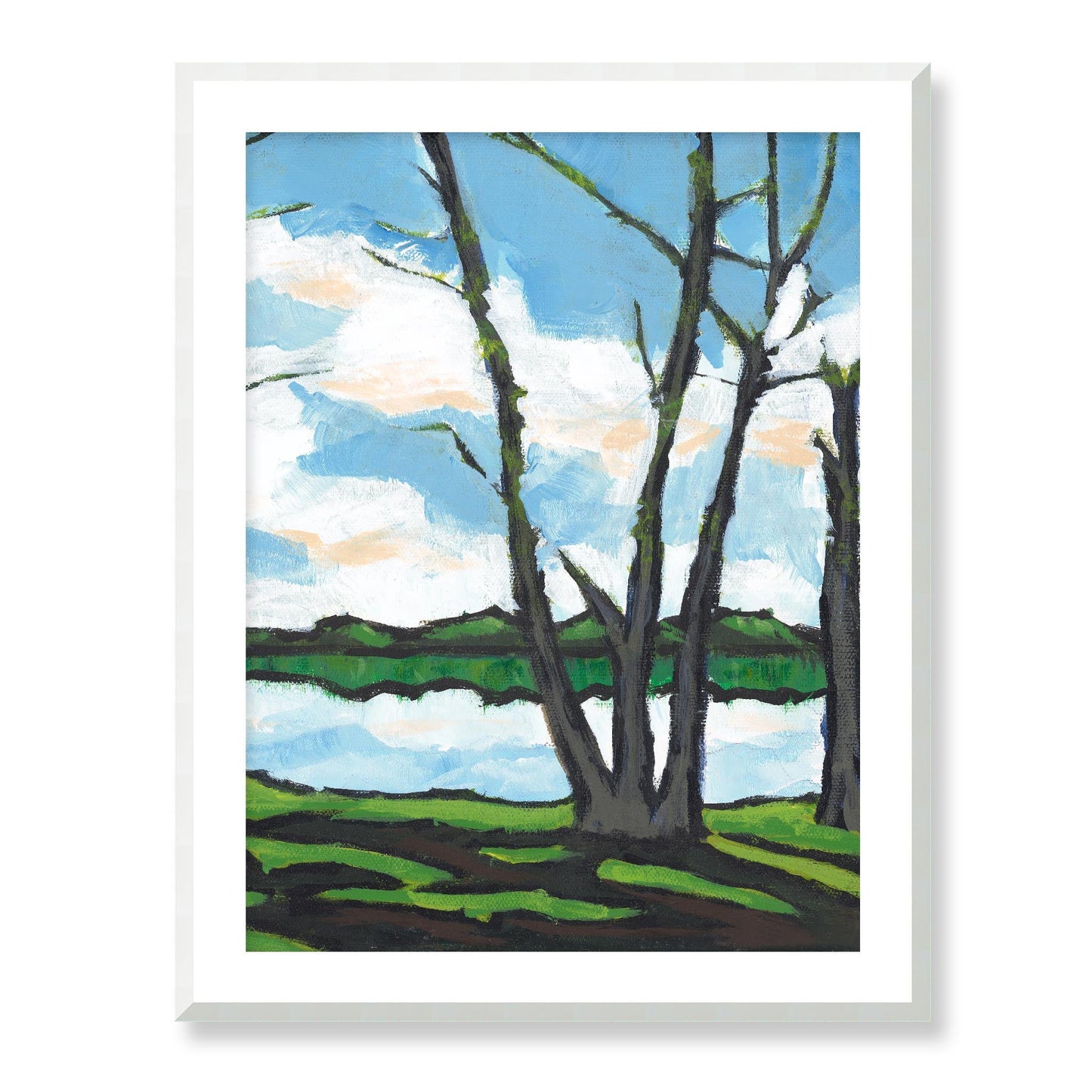 Framed Fine Art Print, White Mat - 13x16 16x20 22x28 28x36 inches | Lakeshore in Acrylic, FPV-1101-001, Prints, Fine art, White Frame, 71 x 91 cm ,28 x 36 inches