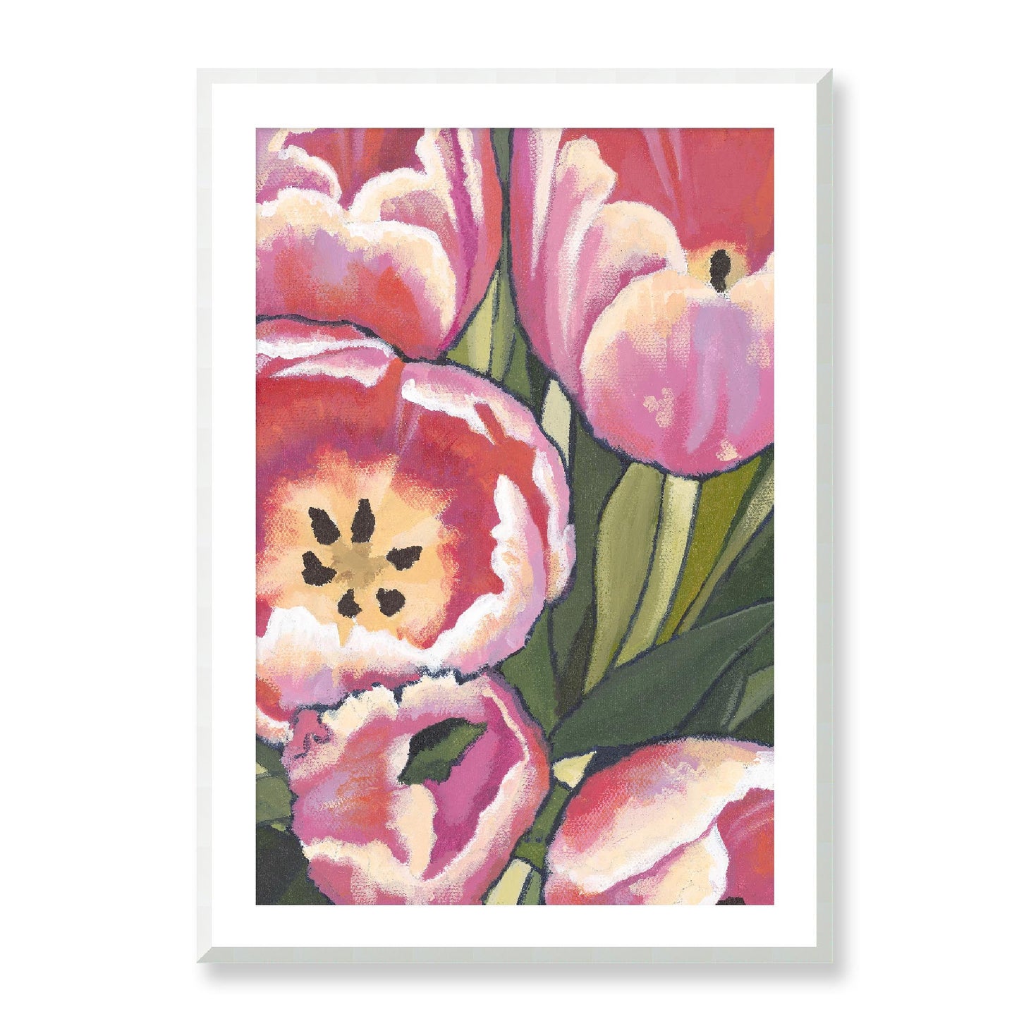 Framed Fine Art Print, White Mat - 12x16 16x22 20x28 24x36 28x40 inches | Pink Tulips in Acrylic, FPV-1080, Prints, Fine art, White Frame, 71 x 102 cm ,28 x 40 inches