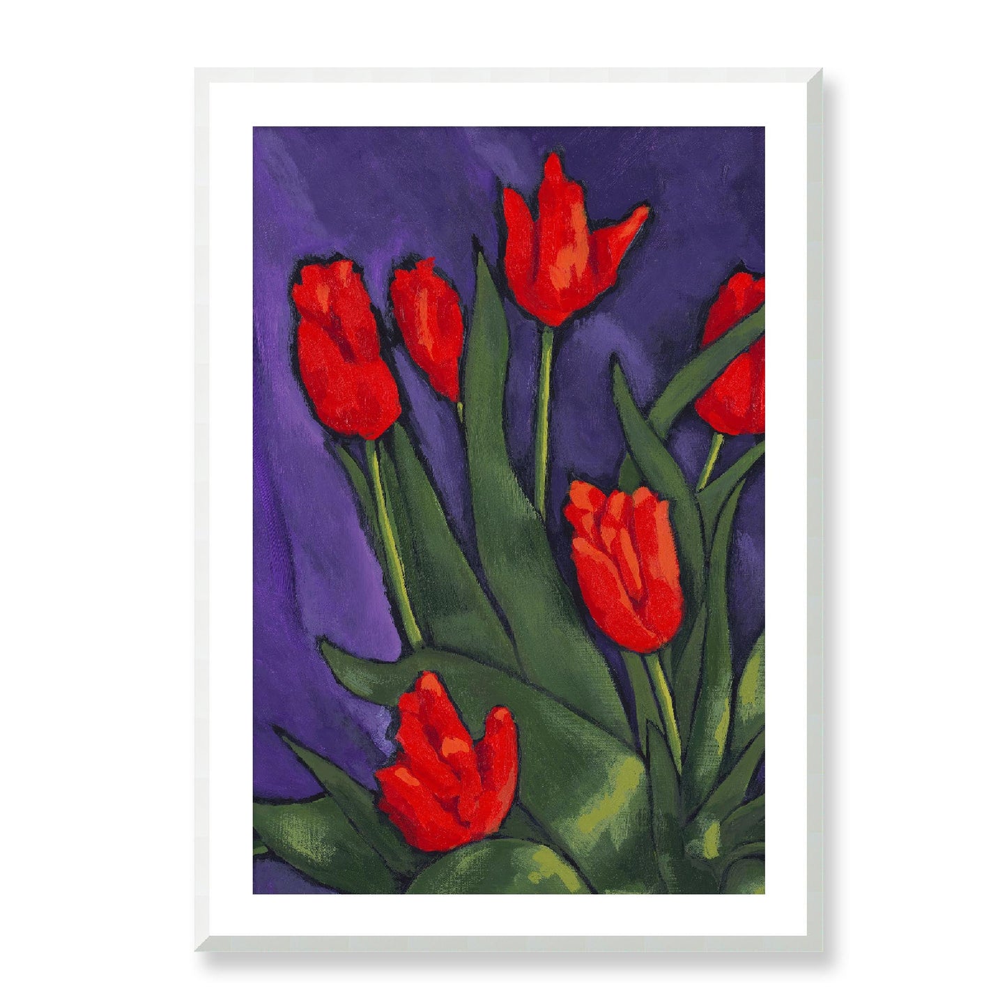 Framed Fine Art Print, White Mat - 12x16 16x22 20x28 24x36 28x40 inches | Red Tulips in Acrylic, FPV-1111-002, Prints, Fine art, White Frame, 71 x 102 cm ,28 x 40 inches
