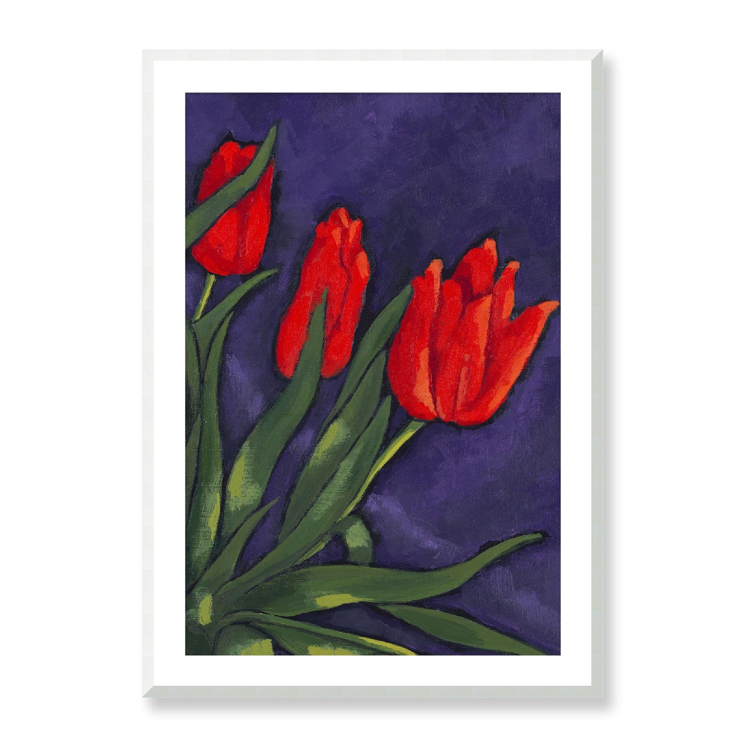 Framed Fine Art Print, White Mat - 12x16 16x22 20x28 24x36 28x40 inches | Red Tulips in Acrylic, FPV-1111-003, Prints, Fine art, White Frame, 71 x 102 cm ,28 x 40 inches