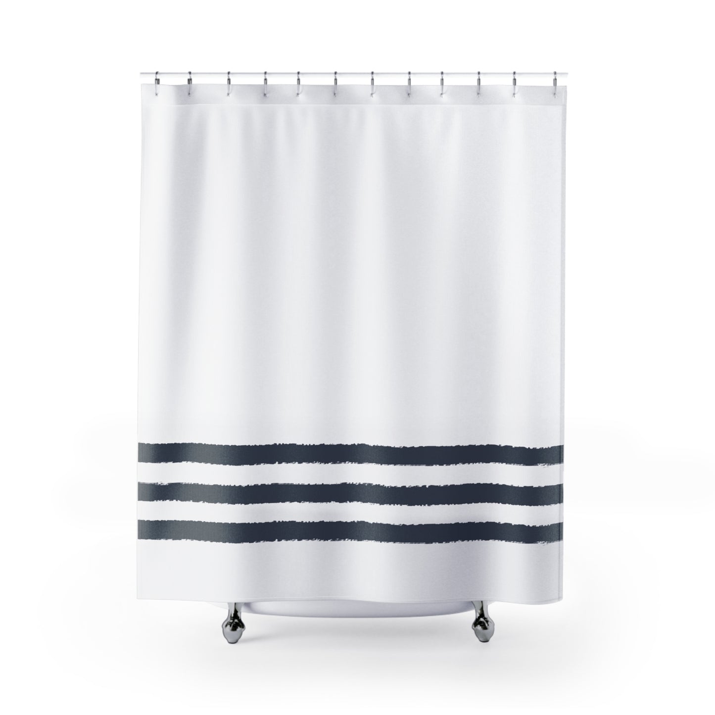 White Shower Curtain with Dark Blue-grey Hand-painted Stripe Print | SC-1221-100