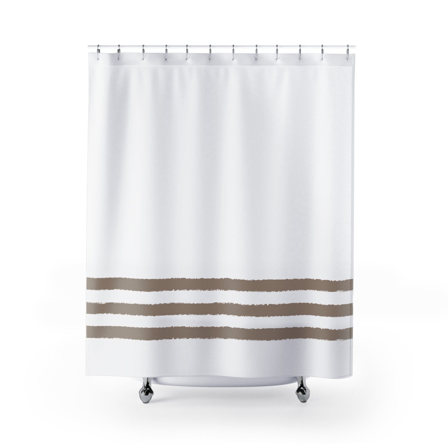 White Shower Curtain with Medium Brown Hand-painted Stripe Print | SC-1171-267