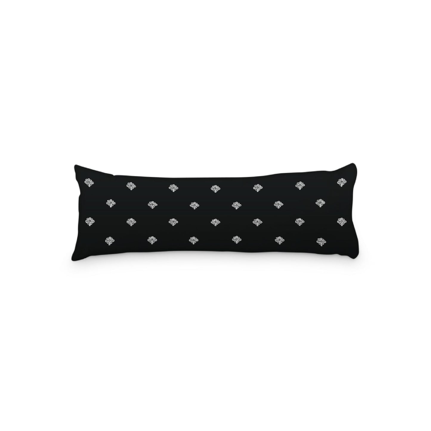 Black Microfiber Body Pillow, White Hand-painted Swizzle Motif Print, 20 x 54 inches / 51 x 137 cm