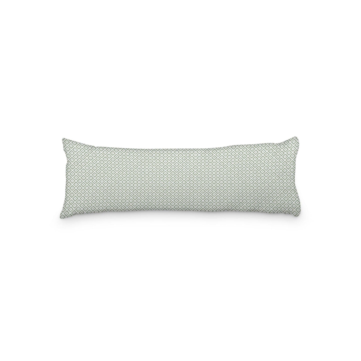 White Microfiber Body Pillow, Green Repeating Square Motif Print, 20 x 54 inches / 51 x 137 cm