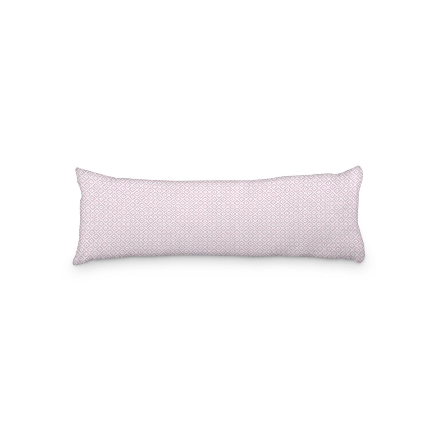 White Microfiber Body Pillow, Pink Repeating Square Motif Print, 20 x 54 inches / 51 x 137 cm