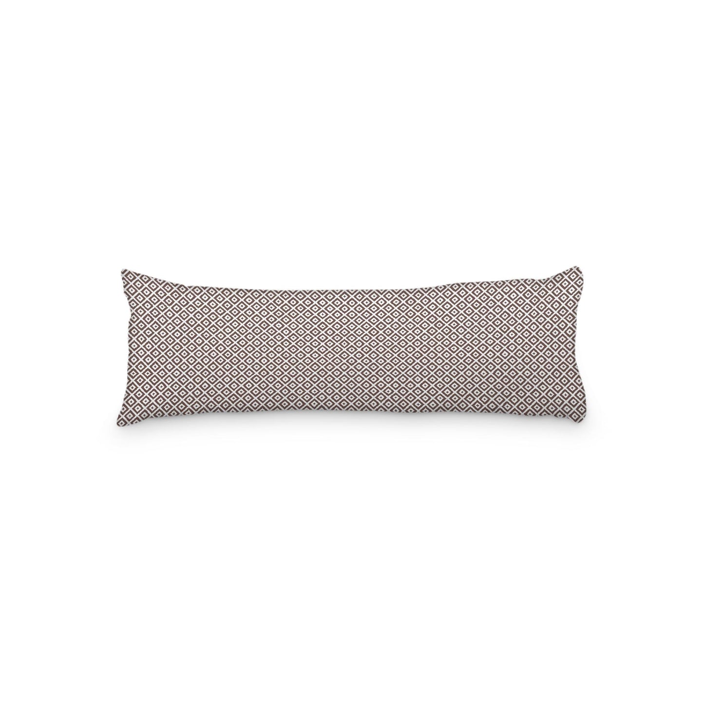 White Microfiber Body Pillow, Brown Repeating Square Motif Print, 20 x 54 inches / 51 x 137 cm