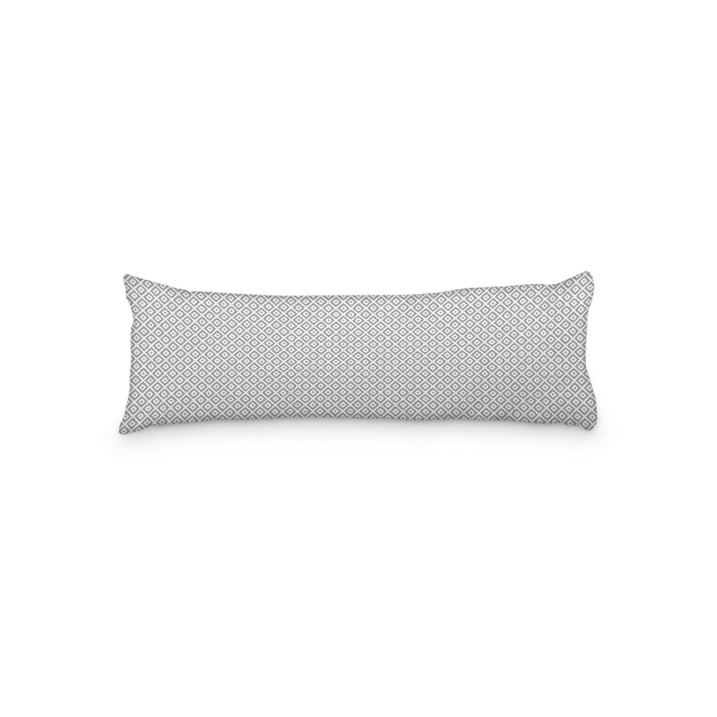 White Microfiber Body Pillow, Grey Repeating Square Motif Print, 20 x 54 inches / 51 x 137 cm