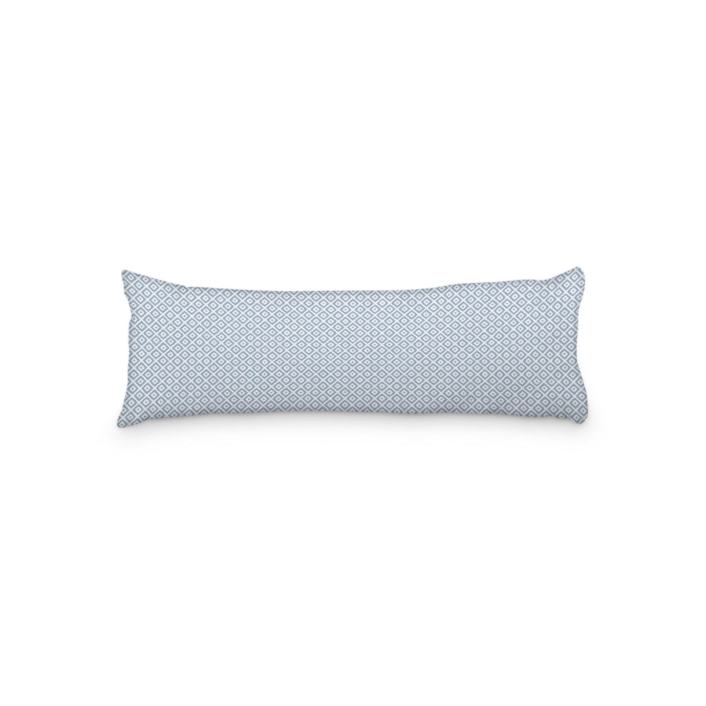 White Microfiber Body Pillow, Blue Repeating Square Motif Print, 20 x 54 inches / 51 x 137 cm