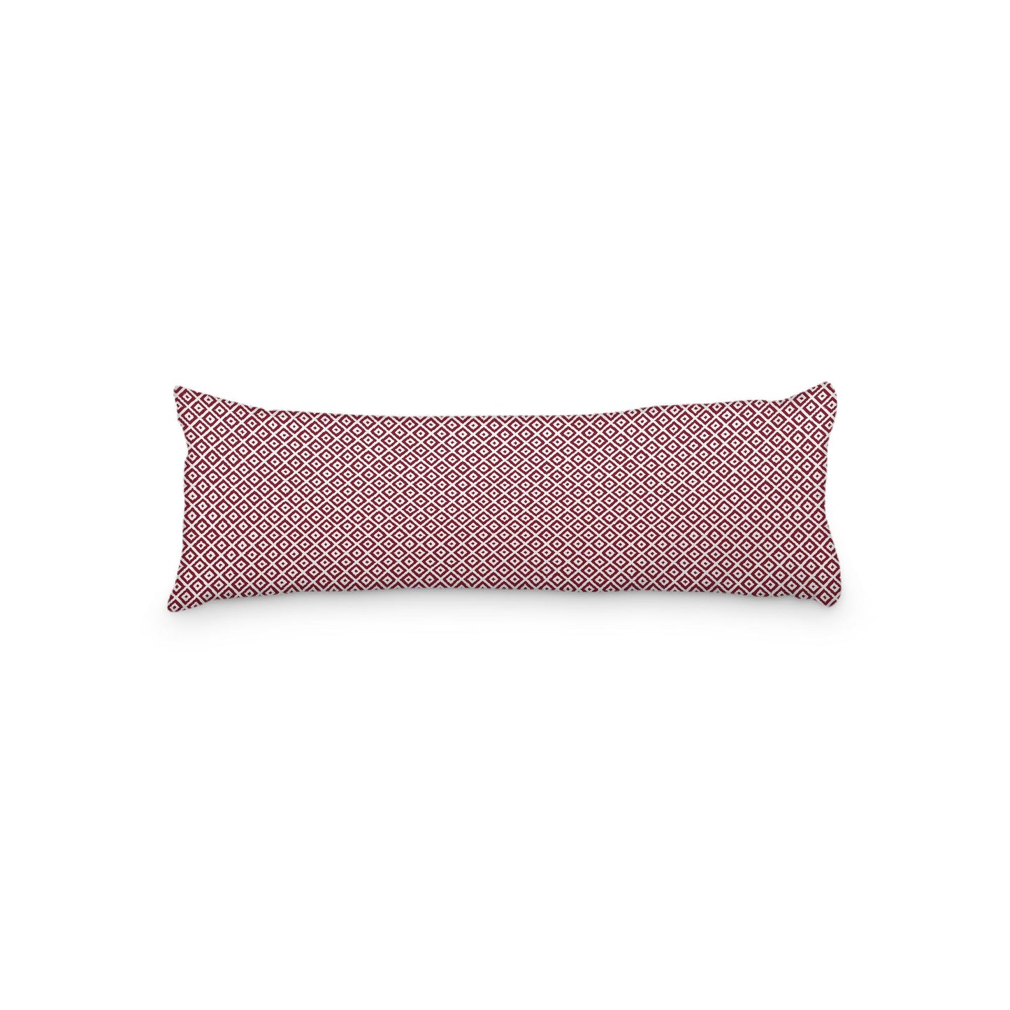 White Microfiber Body Pillow, Burgundy Red Repeating Square Motif Print, 20 x 54 inches / 51 x 137 cm