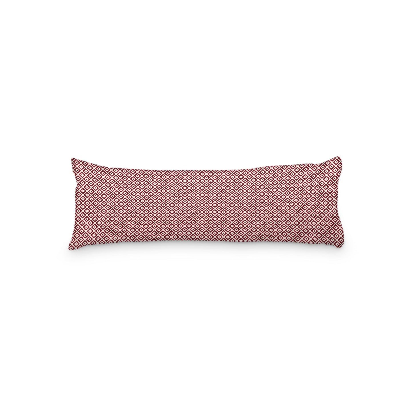 Pale Cream Microfibre Body Pillow, Burgundy Red Repeating Square Motif Print, 20 x 54 inches / 51 x 137 cm