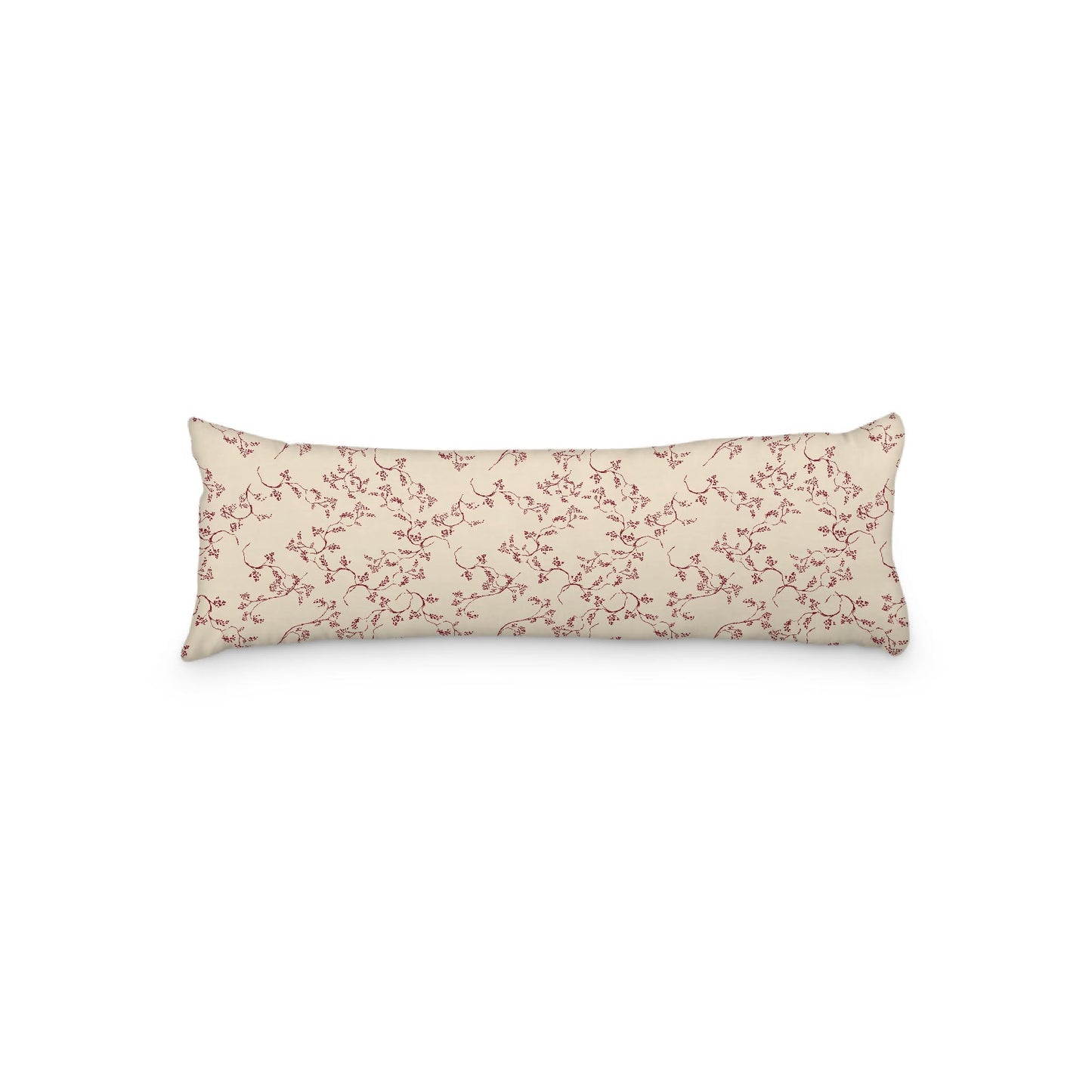 Beige Microfibre Body Pillow, Burgundy Red Hand-painted Vine Print, 20 x 54 inches / 51 x 137 cm