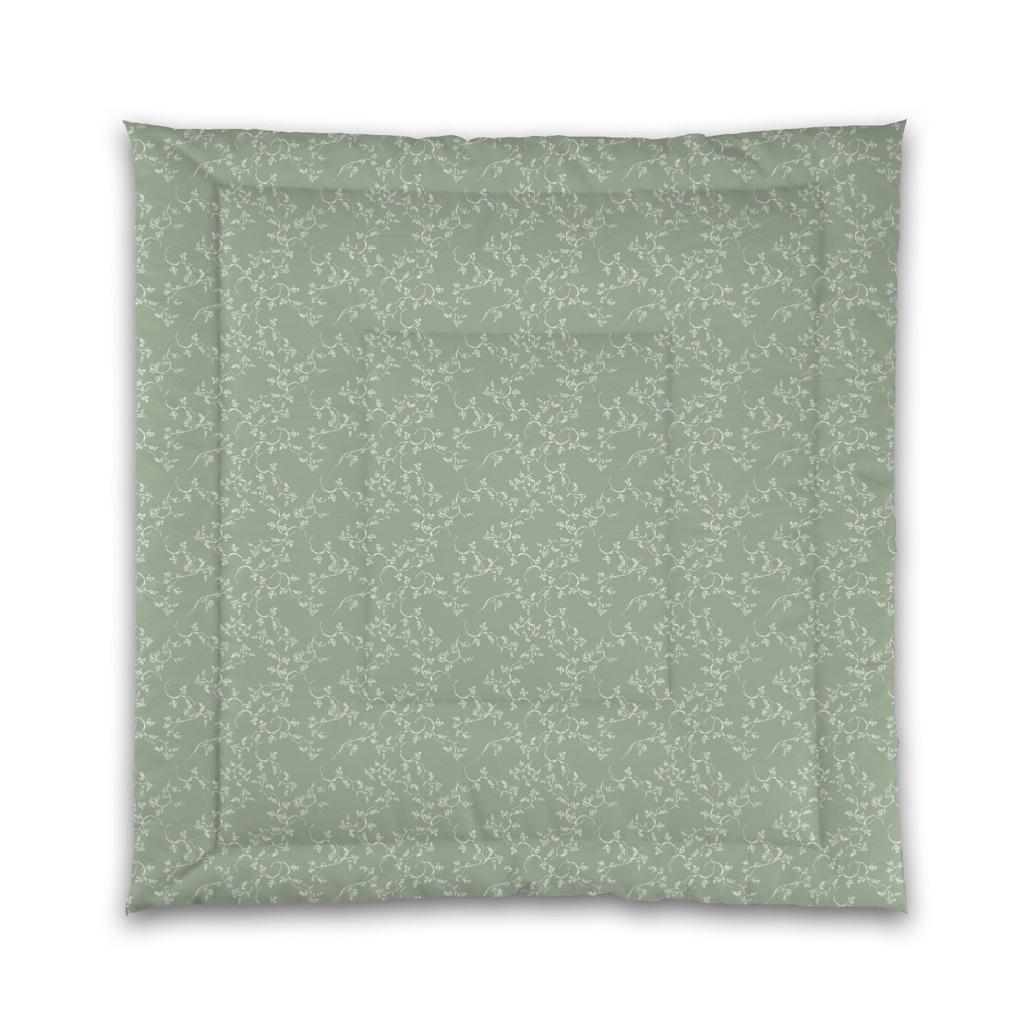Green Microfiber Comforter, White Hand-painted Vine Print, Queen (width x length) 88 x 88 inches / 224 x 224 cm