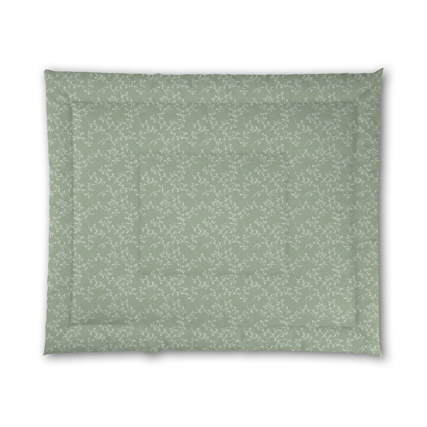 Green Microfiber Comforter, White Hand-painted Vine Print, King (width x length) 104 x 88 inches / 264 x 224 cm