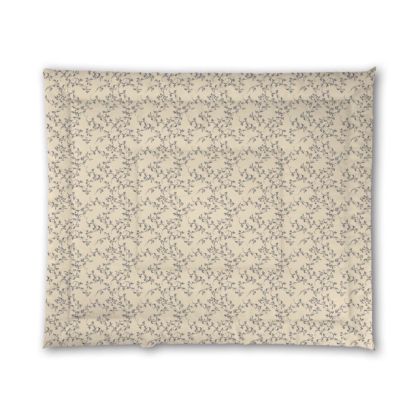 Beige Microfiber Comforter, Navy Blue Hand-painted Vine Print, King (width x length) 104 x 88 inches / 264 x 224 cm