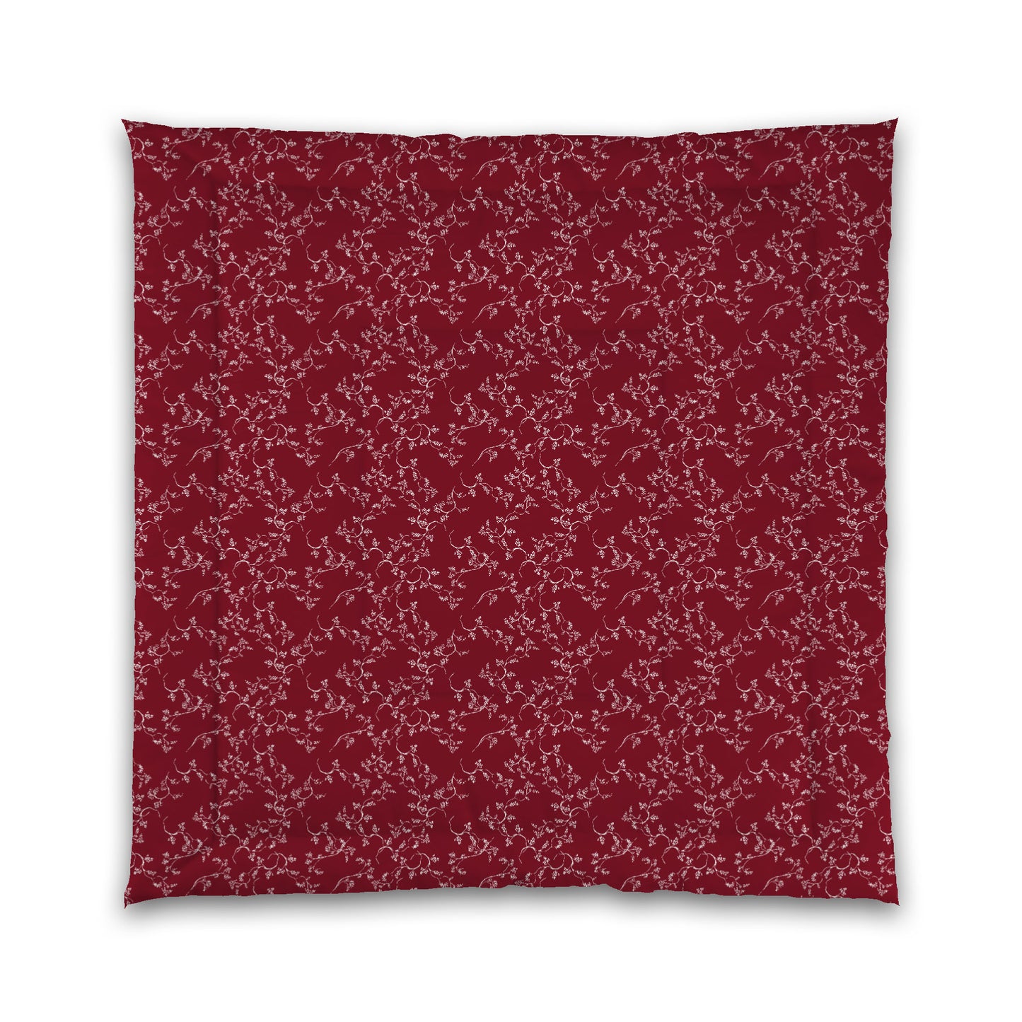Burgundy Red Microfiber Comforter, White Hand-painted Vine Print, Queen (width x length) 88 x 88 inches / 224 x 224 cm